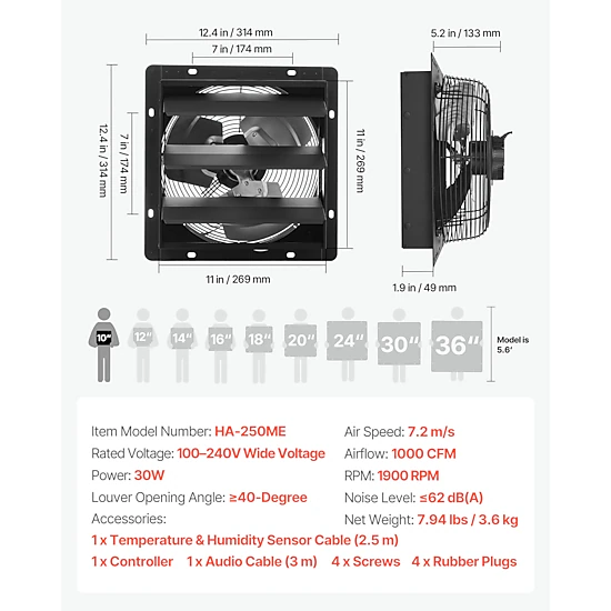 HONGGE Shutter Exhaust Fan Wall Mounted Attic Vent Fan with Smart Programming Variable Speed Temperature Control EC
