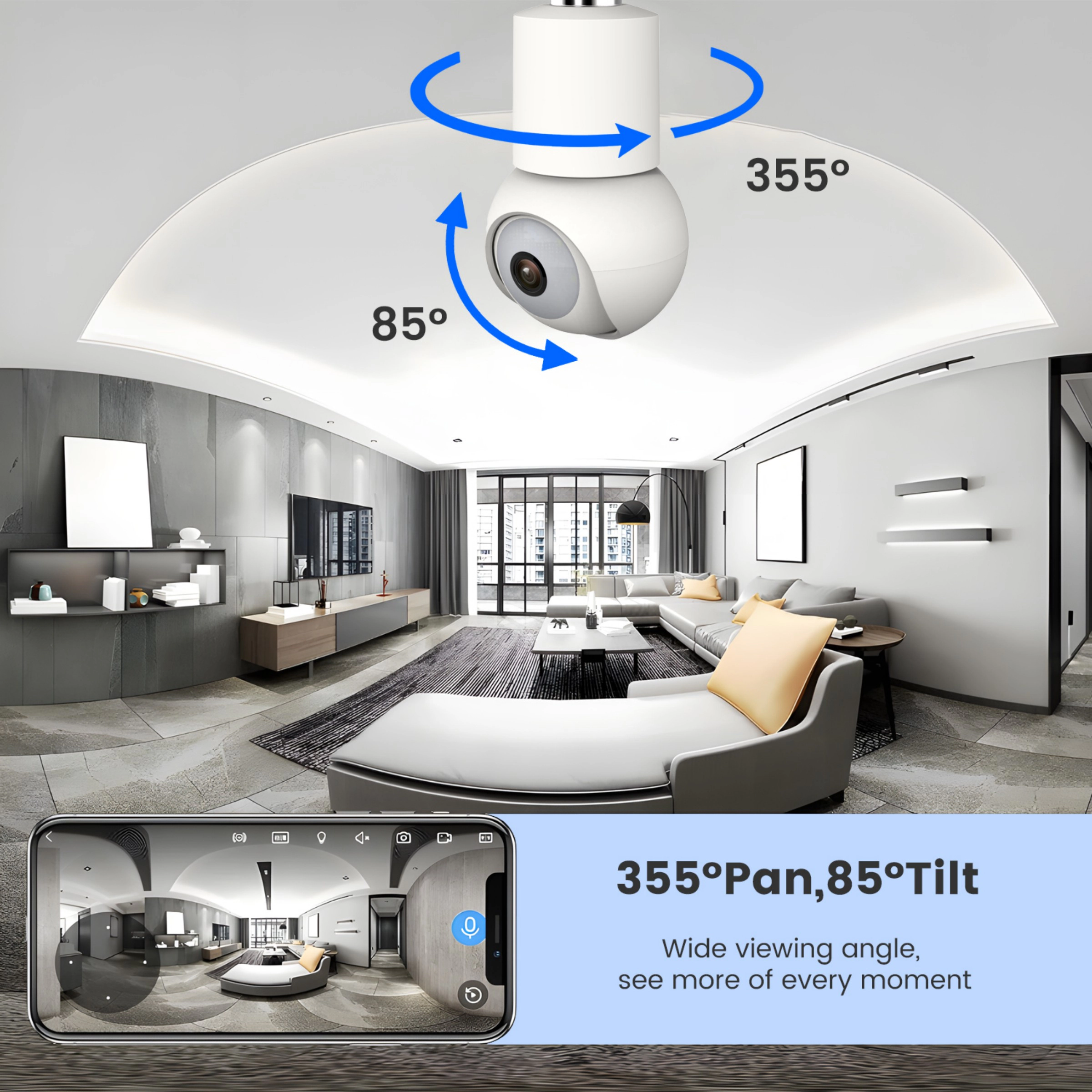Eco4life Smart WiFi 4MP 1440P PTZ Light Bulb Security Camera