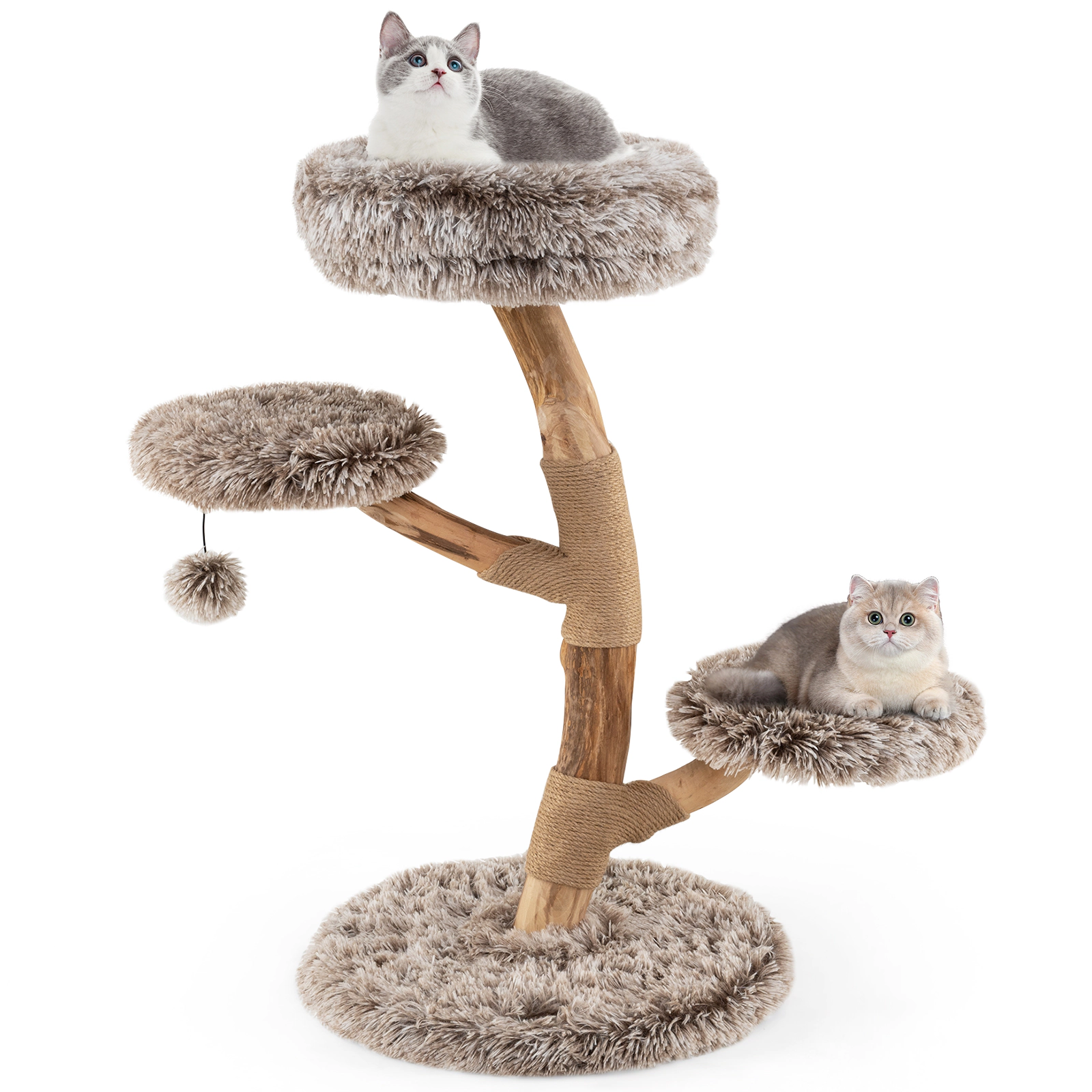 SUGIFT Brown Pear Wood Cat Tree with Plush Perch and Jute Scratching Posts 19.5-in Dia 35.5-in H 22-lb Per Layer