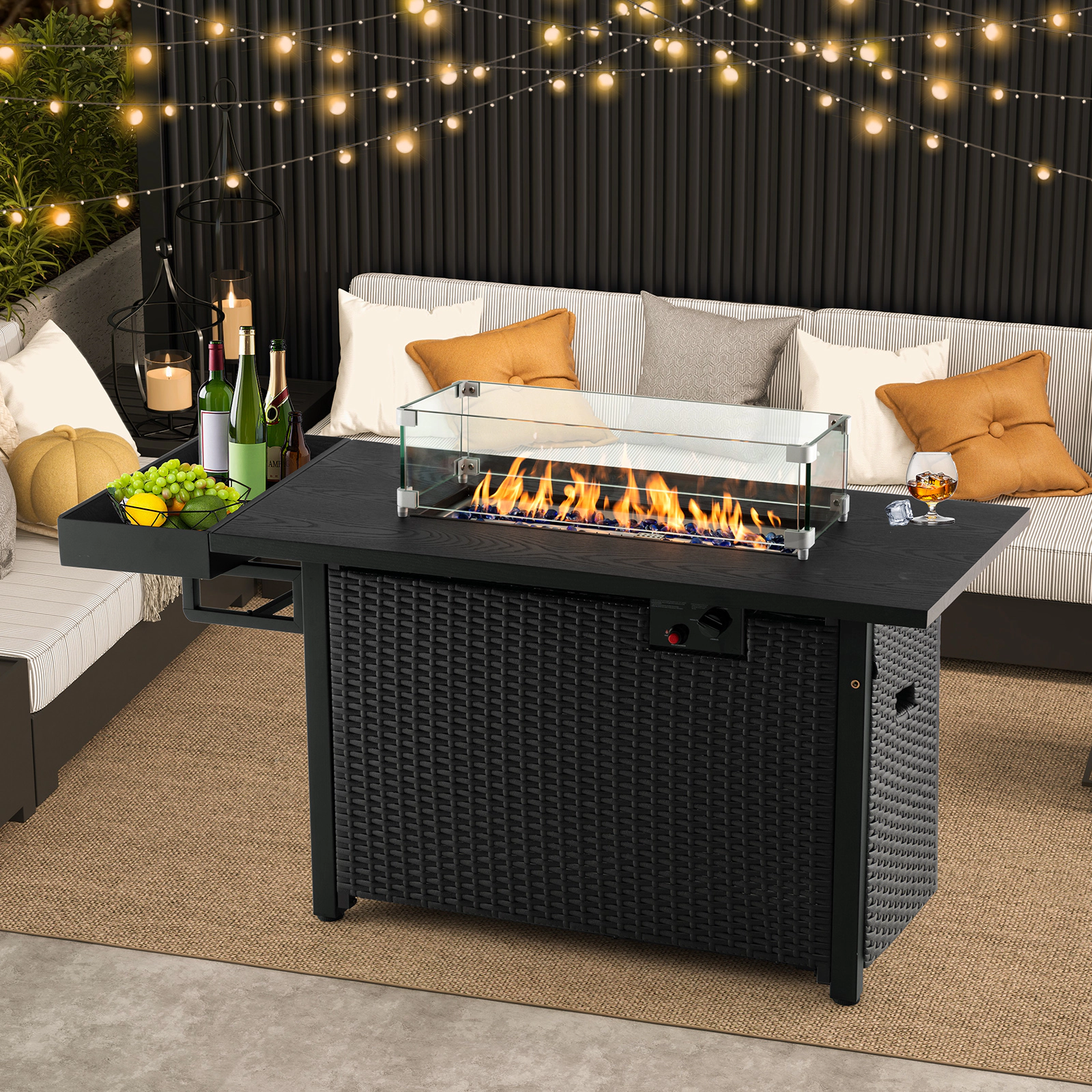 SUGIFT 52-in Rectangle 50000-BTU Propane Gas Fire Pit Table with Wicker Frame Wind Guard and Cover