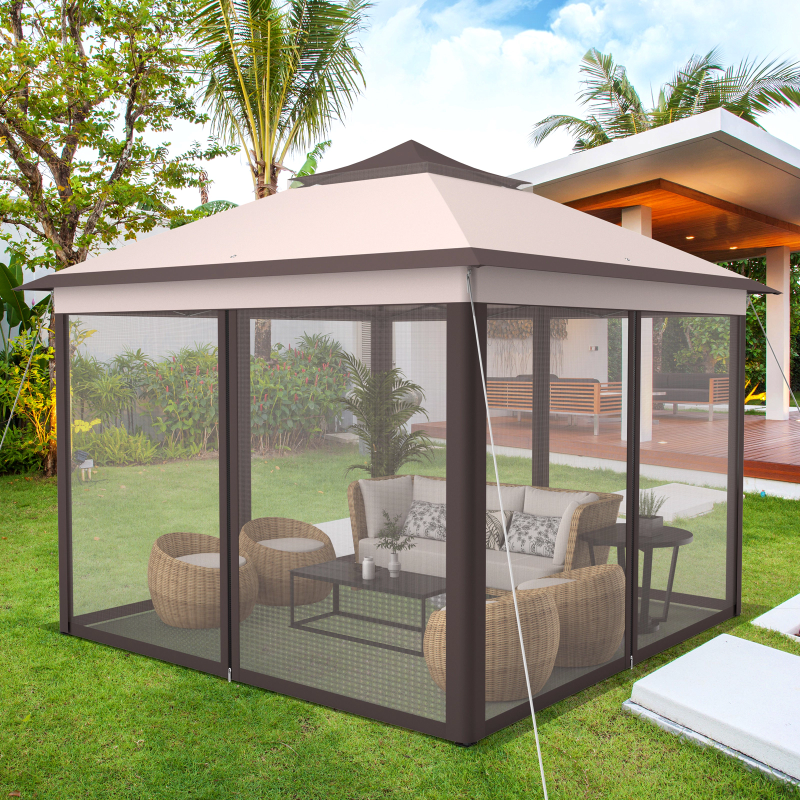 SUGIFT 11-ft x 11-ft Beige 2-Tier Pop Up Gazebo Canopy Tent with Mesh Screens and Carry Bag for Patio
