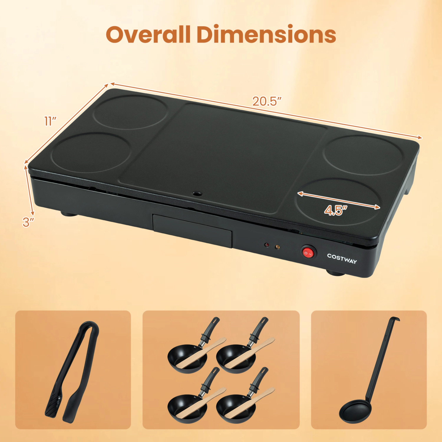 LJG 1000W Electric Grill Griddle with 4 Nonstick Woks and Wooden Spatulas for Pancakes