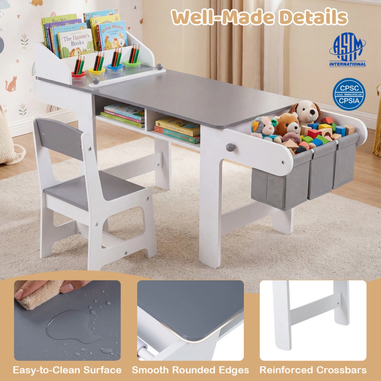 SUGIFT Gray Paper Roll Dispenser 4 Paint Cups and Fabric Bins Kids Art Table and Chair Set