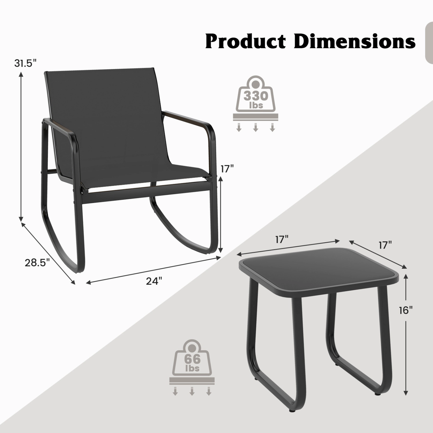 LJG 2 Rocking Bistro Chairs and Glass-Top Table for Porch Yard Balcony