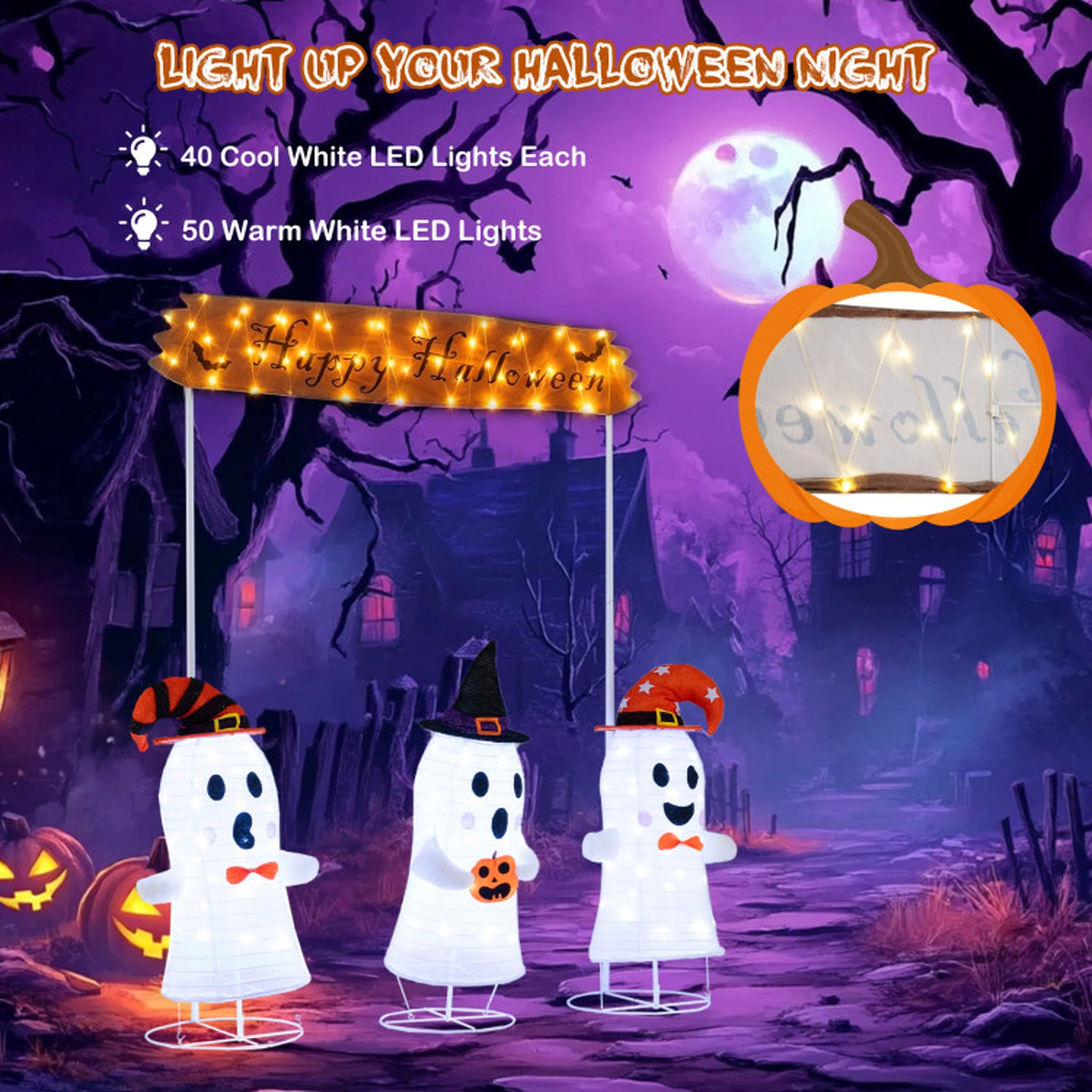 SUGIFT 4-Piece Halloween Pop Up Ghost Decoration Set with Gate Sign 170 LED Lights and 12 Ground Stakes