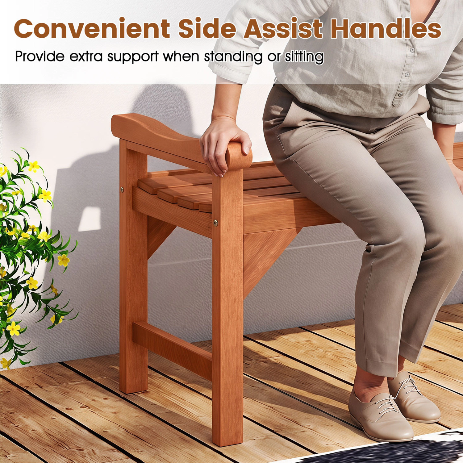 LJG Set of 2 Solid Wood Backless Garden Bench with Support Handles and Curved Slatted Seat for Deck
