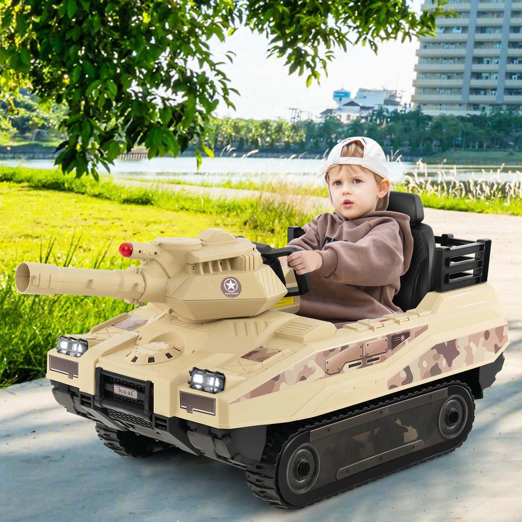 Costway Electric Kids Ride On Tank with Rubber Tracks Rotatable Turret & Working Cannon