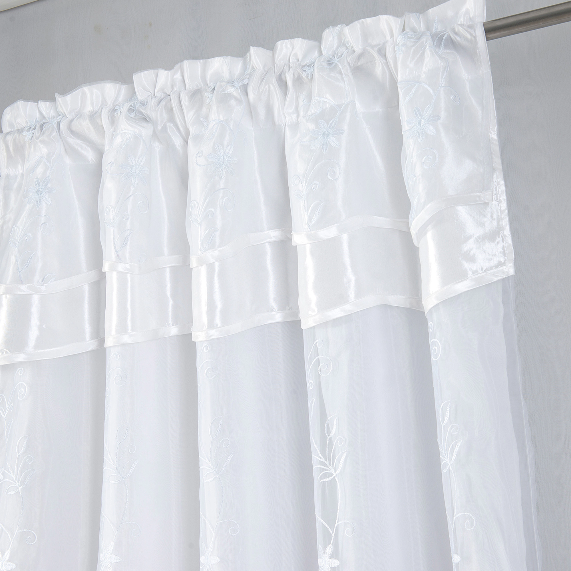 Priscilla Embroidered Panel With Double Valance 54'' x 90'' White
