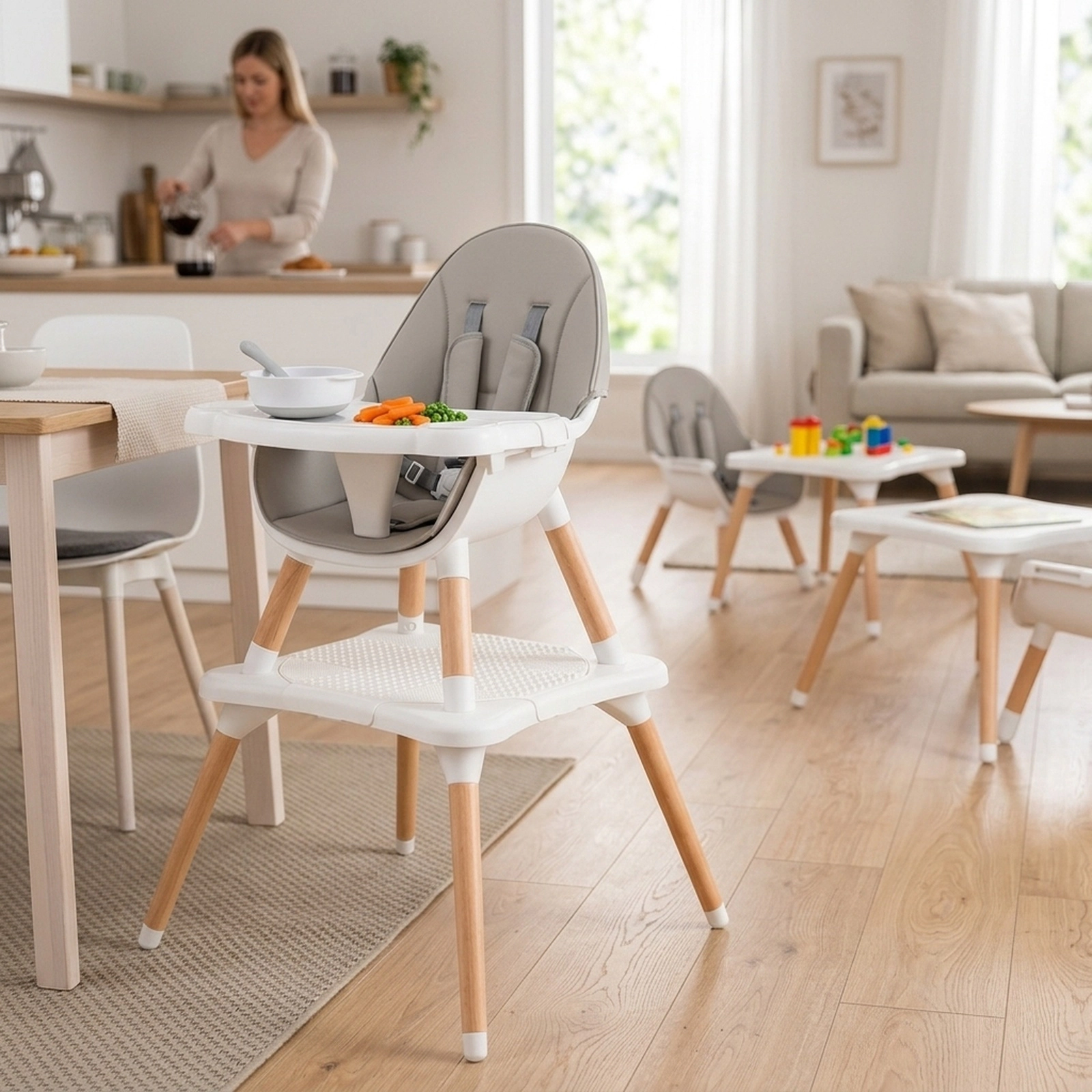 Convertible Birch Wood High Chair for Babies and Toddlers 4-Level Double Tray Grooved Block Tabletop Leg Release