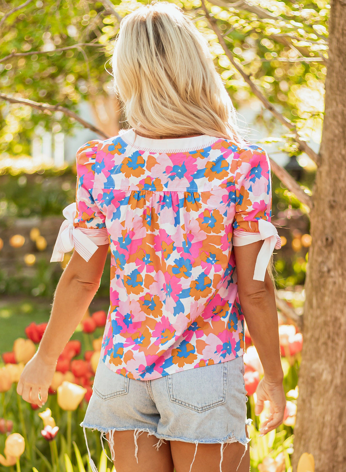 Threaded Pear Women's Aleia Floral Knotted Short Sleeve Blouse
