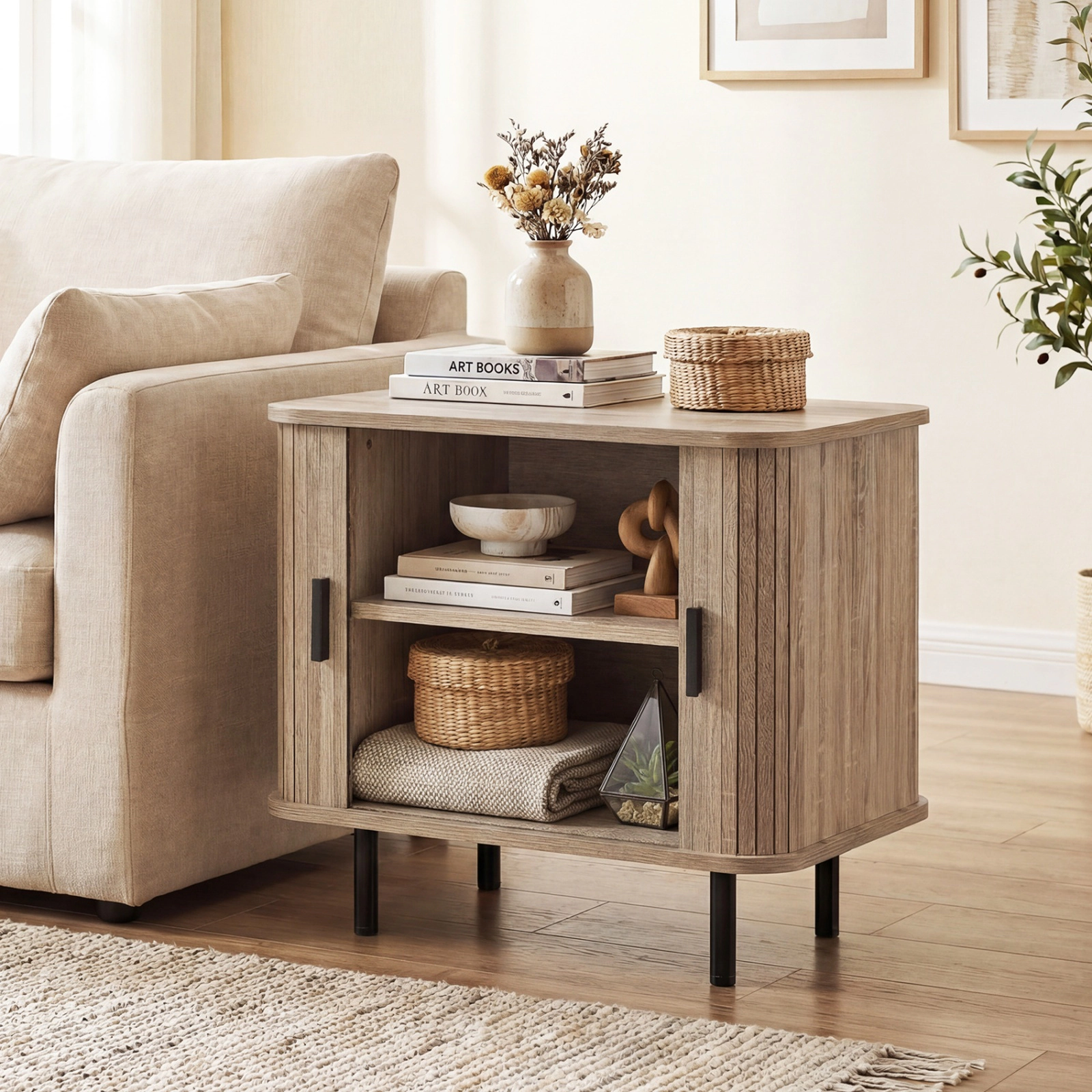 SUGIFT Modern Mid Century Nightstand End Table with Sliding Tambour Doors and Storage Shelf 88-lb Tabletop Capacity