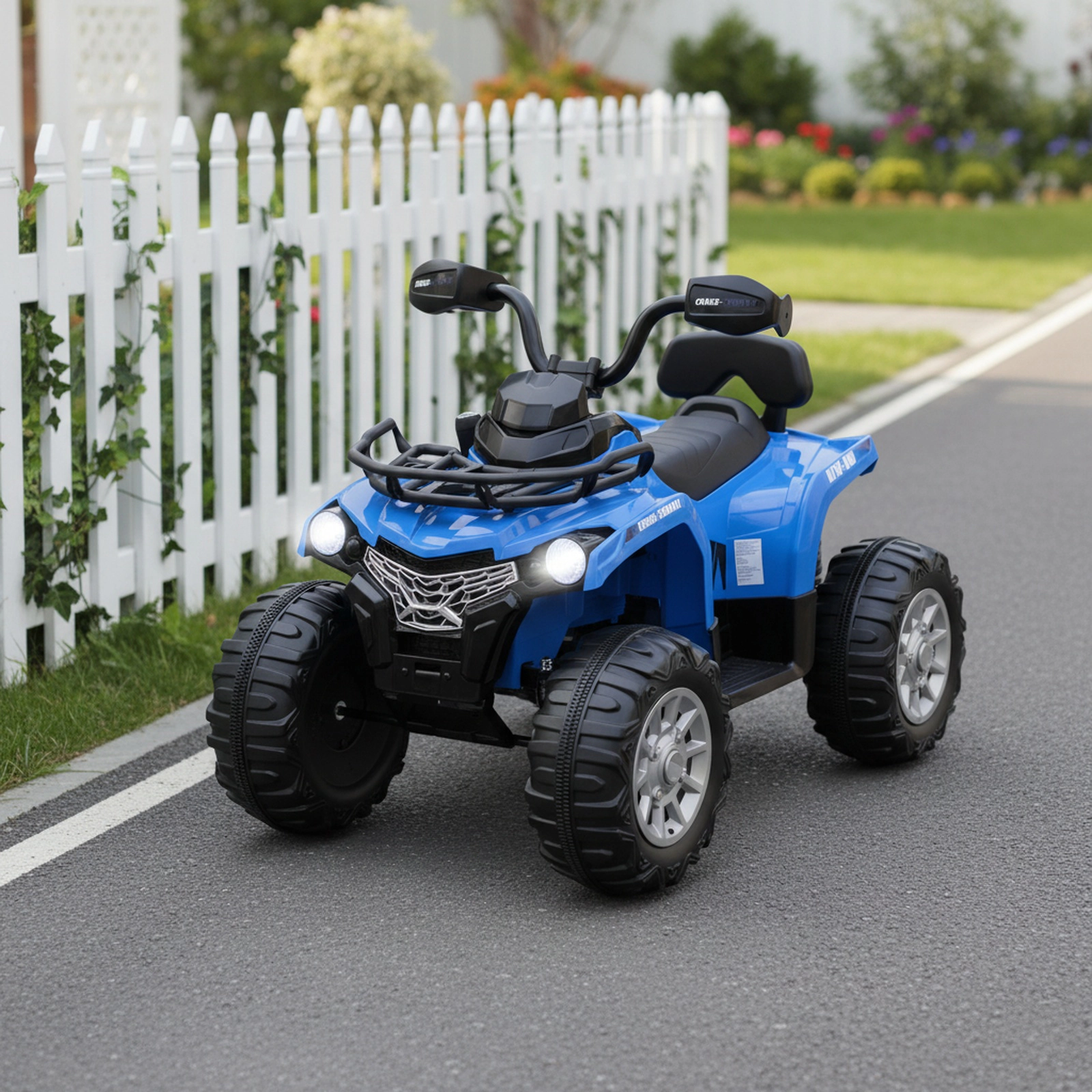 12V Kids Electric Four Wheeler ATV Pedal Acceleration Forward/Reverse Oversized Wheels Headlights MP3 Ages 3-8 Blue
