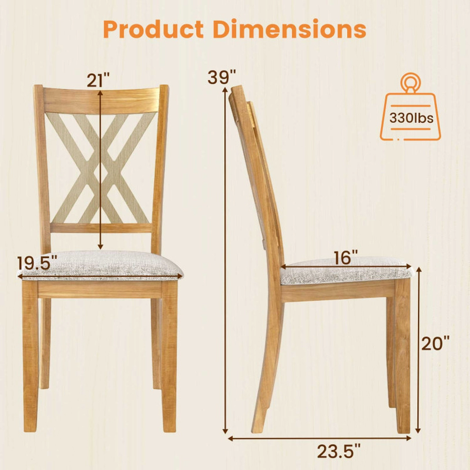 SUGIFT Linen Fabric Upholstered Wooden Dining Chair Set of 4 330-Lb Capacity Rubber Wood Frame Gray/Natural