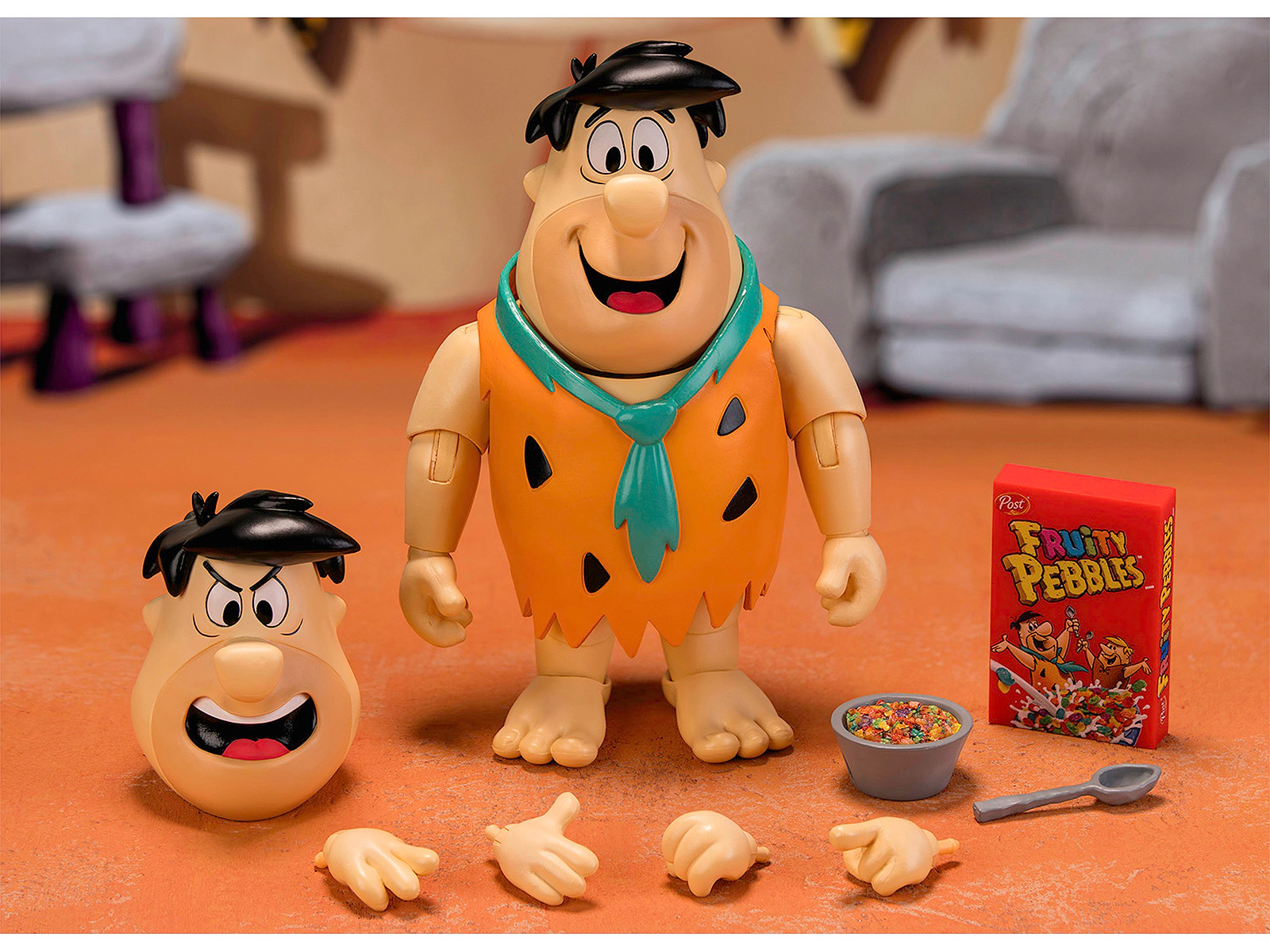Jada Fred Flintstone 6" Moveable Figure with Accessories and Alternate Head and Hands "The Flintstones - Post