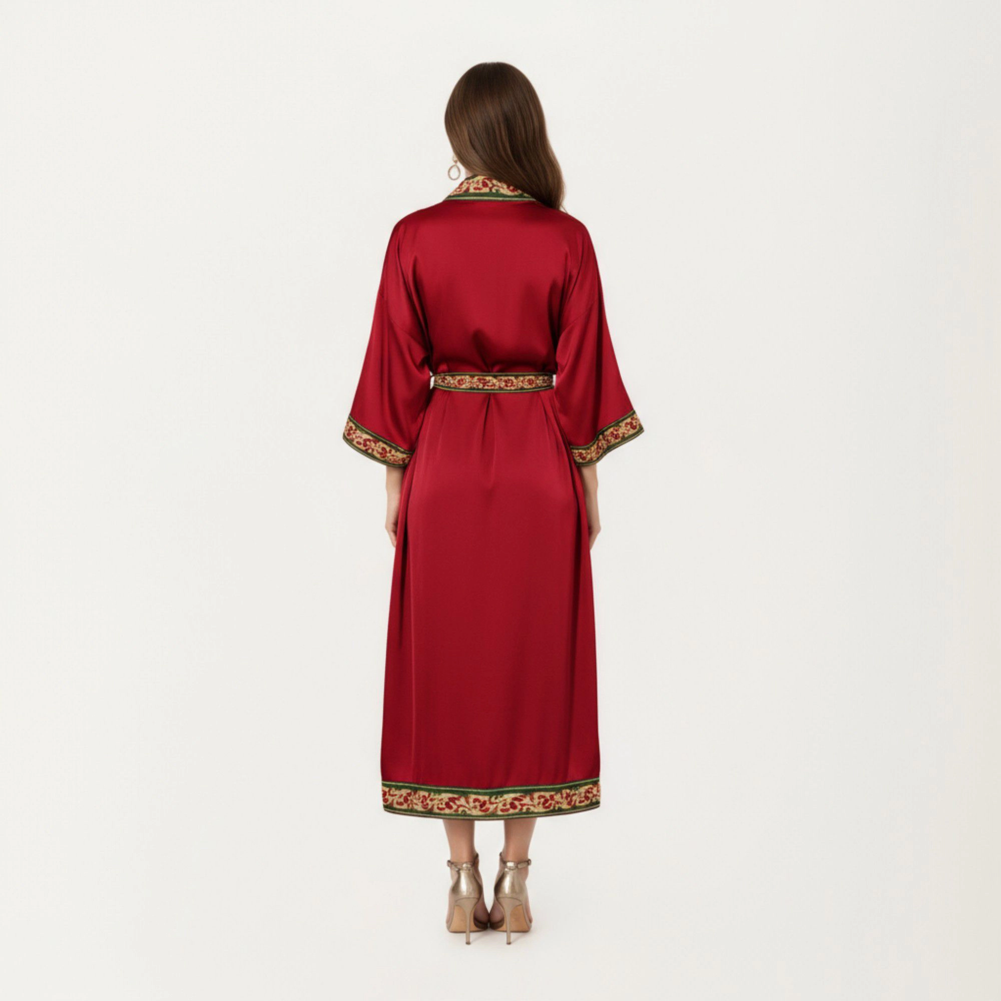 Anna-Kaci Women's Satin Long Robe with Embroidered Trim and Wide Sleeves