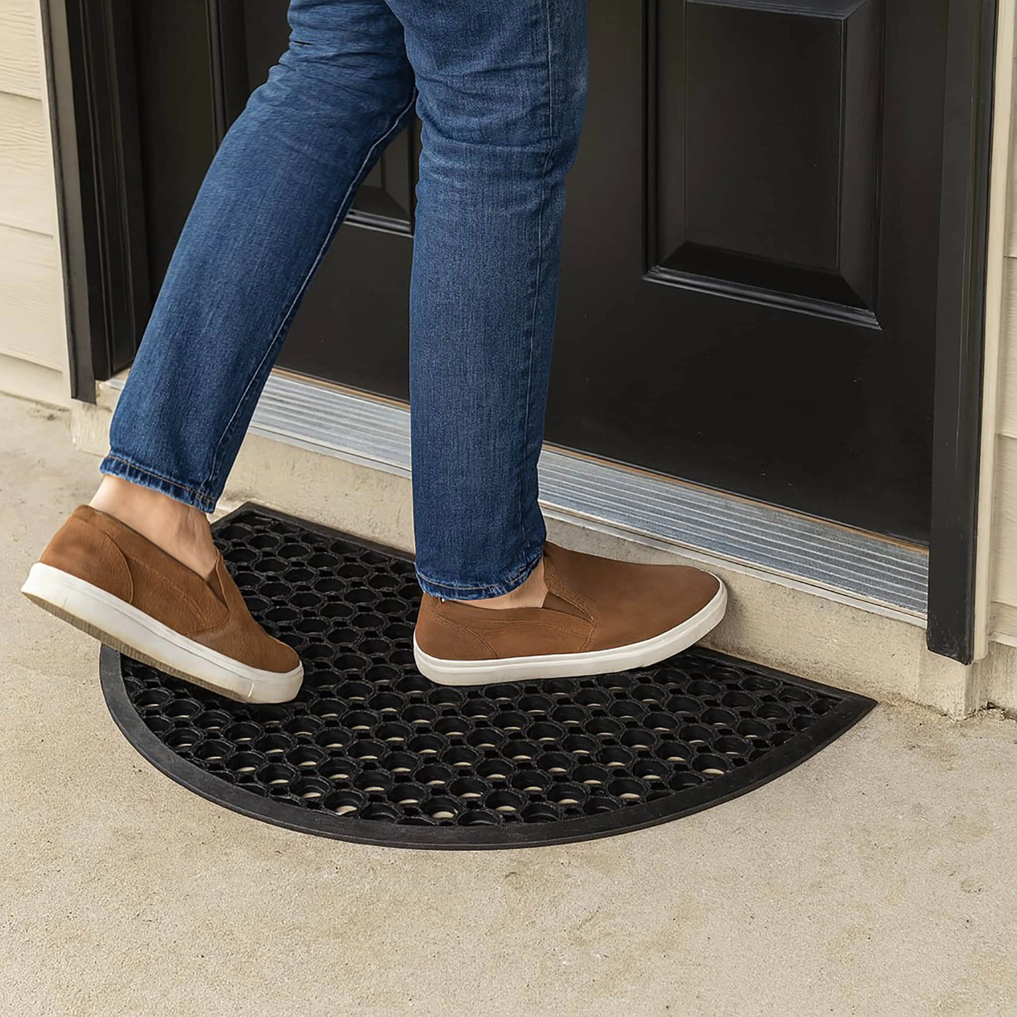 Evideco French Home Goods Black Half Moon Rubber Doormat 23.5 x 15.75 Inches