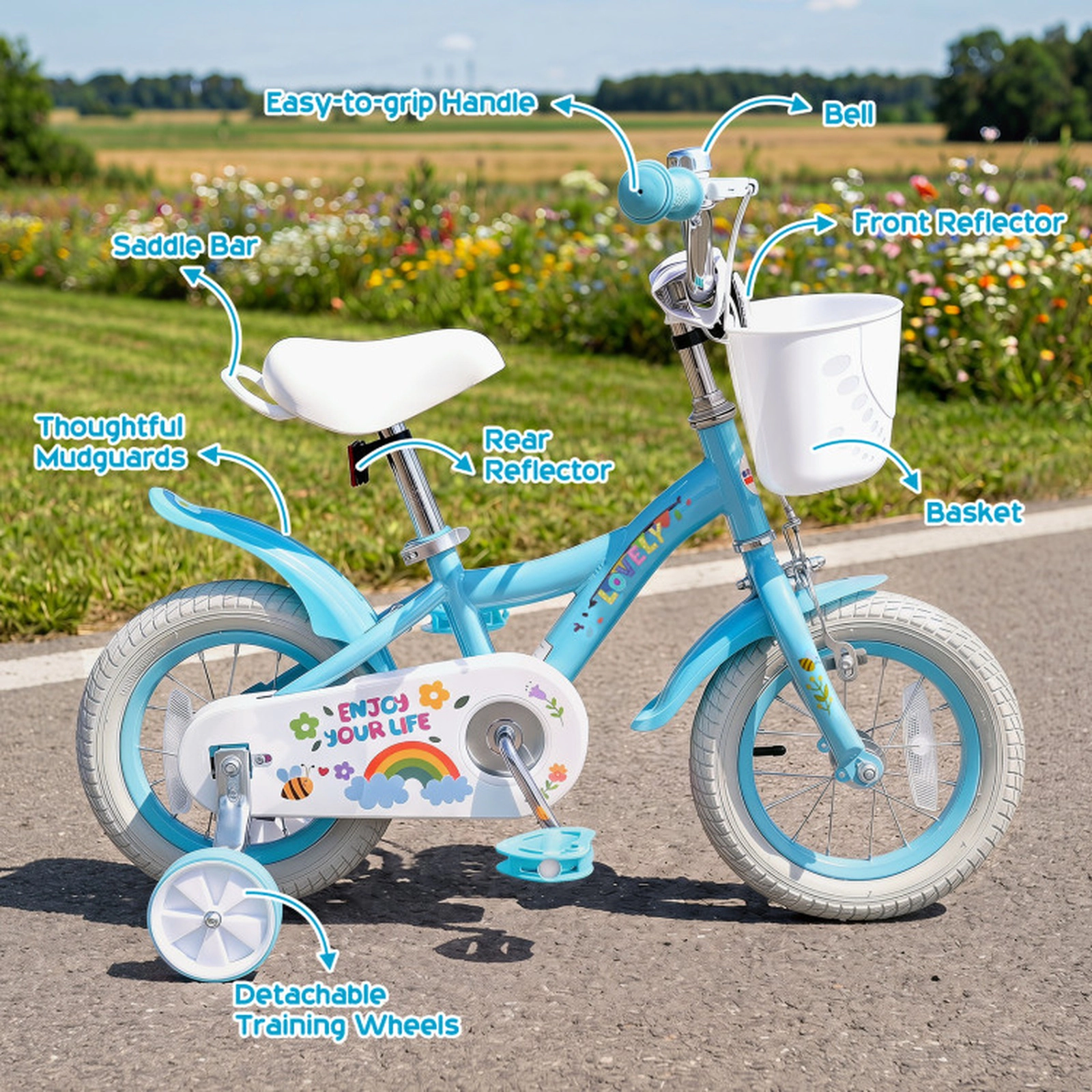 SUGIFT Adjustable 14-In Girls Bike with Training Wheels, Basket and Bell 110-lb Seat Capacity Ages 3-5 Blue