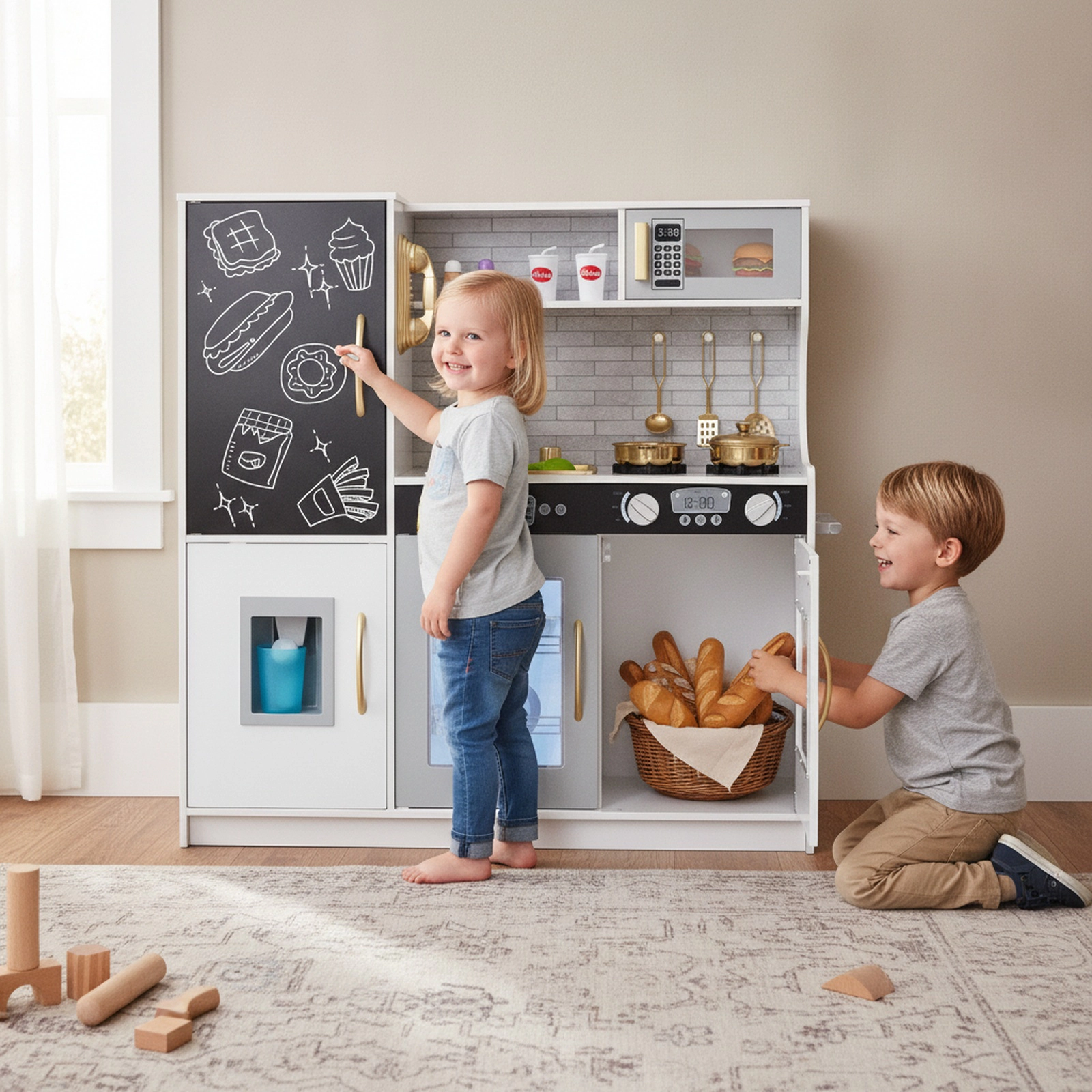 Toddler Pretend Play Kitchen Ages 3-6 Removable Sink Ice Maker Dishwasher 16-in Blackboard 32-in x 9.5-in x 31.5-in