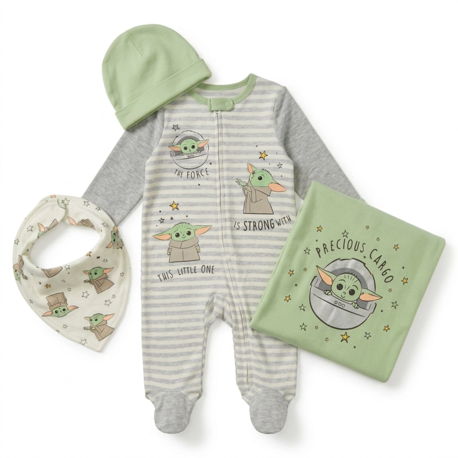 Star Wars The Mandalorian Grogu Baby Boy or Girl Shower 4-Piece Coverall and Accessory Set