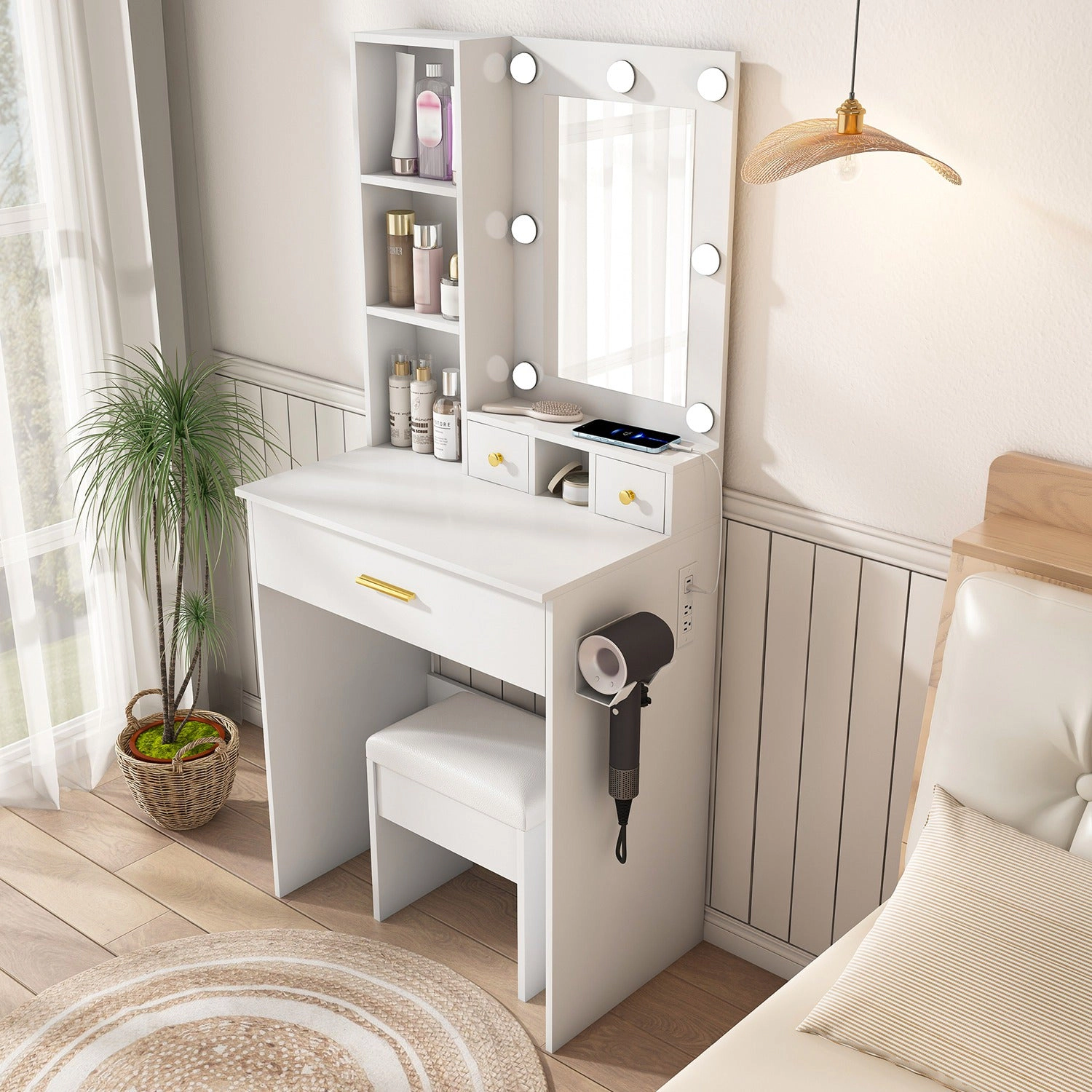 GBruno LED Lighted Vanity Desk Set With Padded Stool