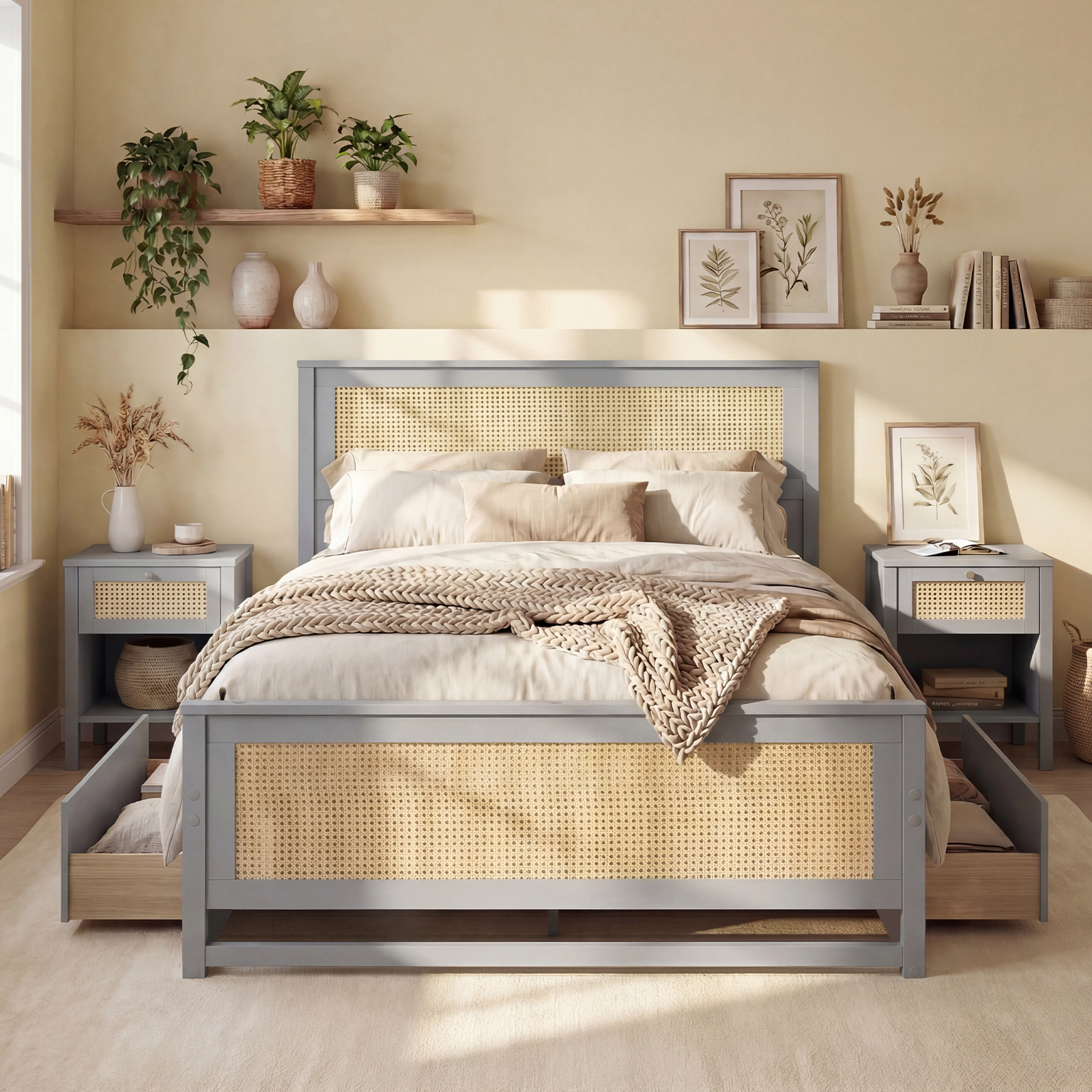 Full Size Rattan Bed Frame with 2 Storage Drawers Gray Boho Platform Bed with Woven Headboard Metal Drawer Slides