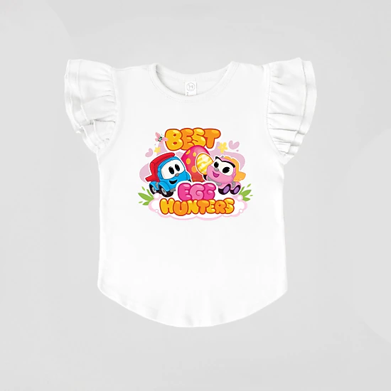 The Juniper Shop - Girl's Flutter Sleeve Graphic T-Shirt - Leo the Truck Best Egg Hunters