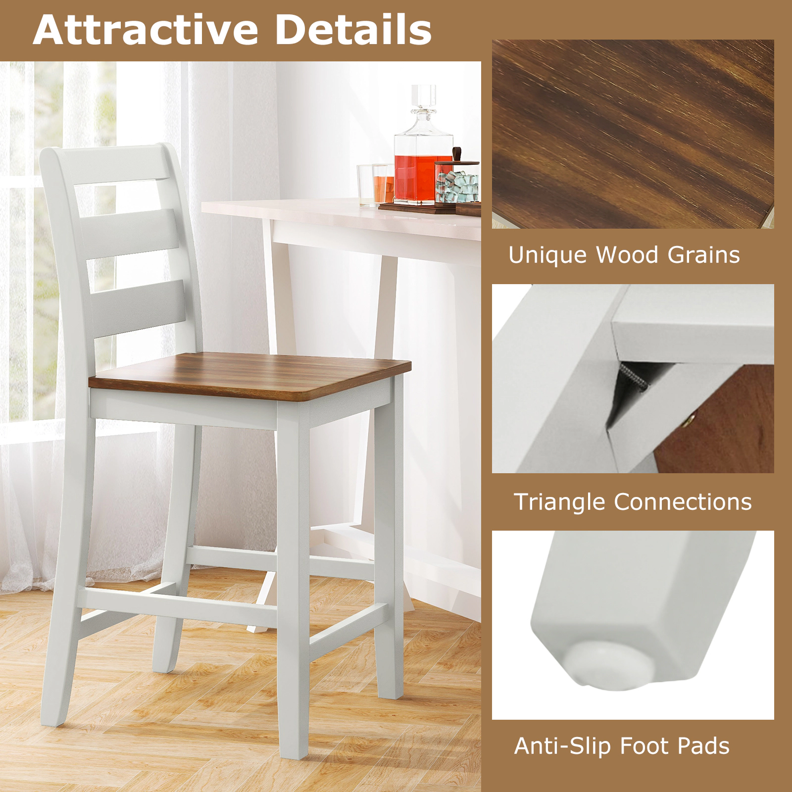 SUGIFT Set of 2 Wooden Counter Bar Stools with Inclined Backrest and Footrest 400-lb Capacity Gray & Walnut