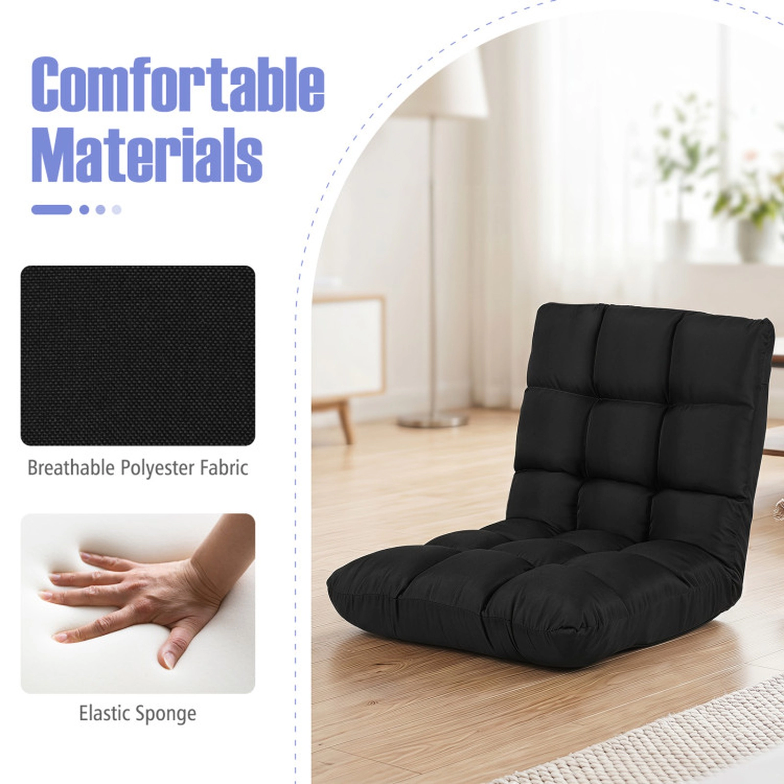 SUGIFT 14-Position 102-180 Degree Cotton Linen Floor Gaming Sofa Chair 42-in x 21-in x 4-in 355-lb Capacity Black