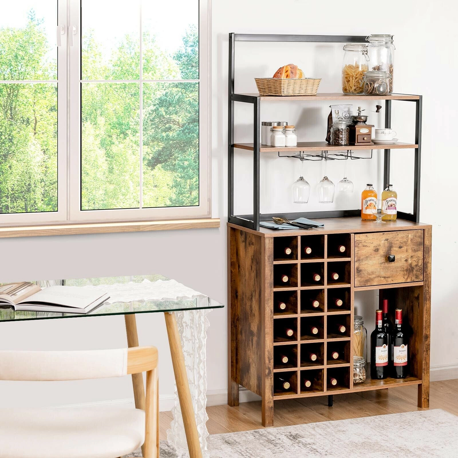 SUGIFT 64-in 3-Tier 66-lb Shelf Rustic Brown Bakers Rack with 18-Bottle Wine Rack Glass Holder and Drawer