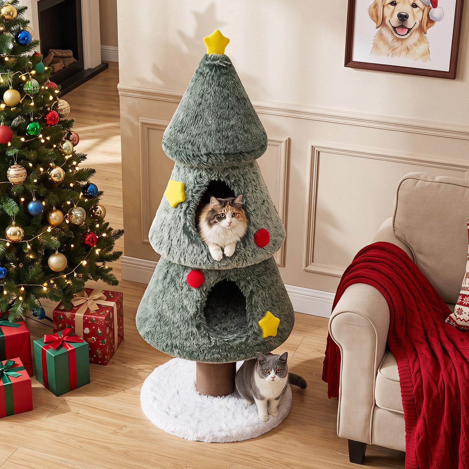 LJG Christmas Cat Tree with 2 Condos Scratching Post and Decorative Stars