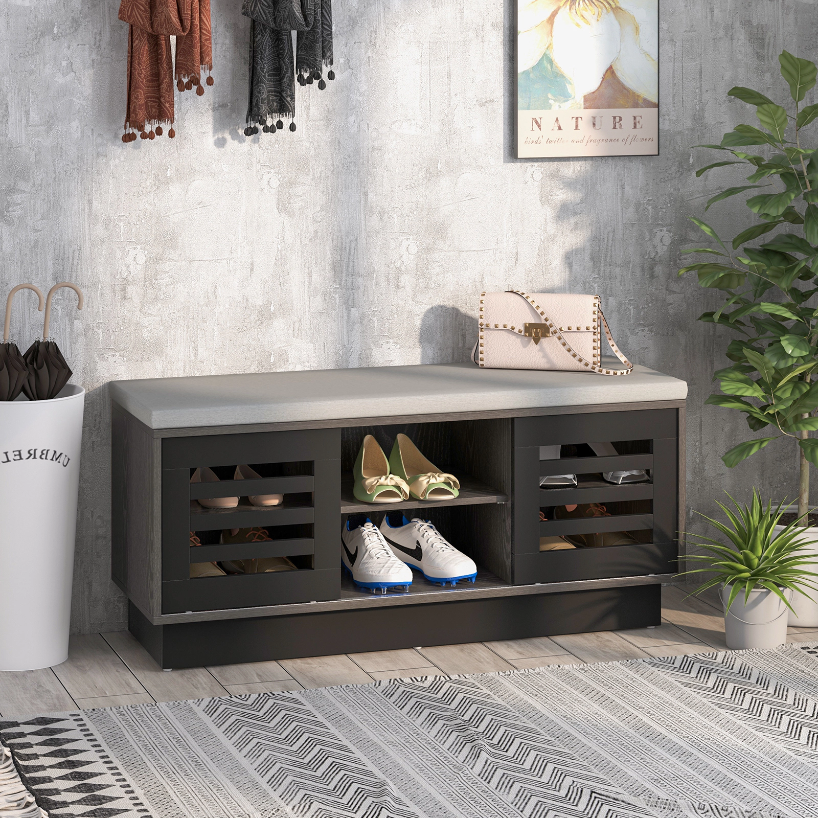 SUGIFT Gray 6 Storage Compartments 3 Adjustable Shelves and Sliding Doors 39 Inch Shoe Bench