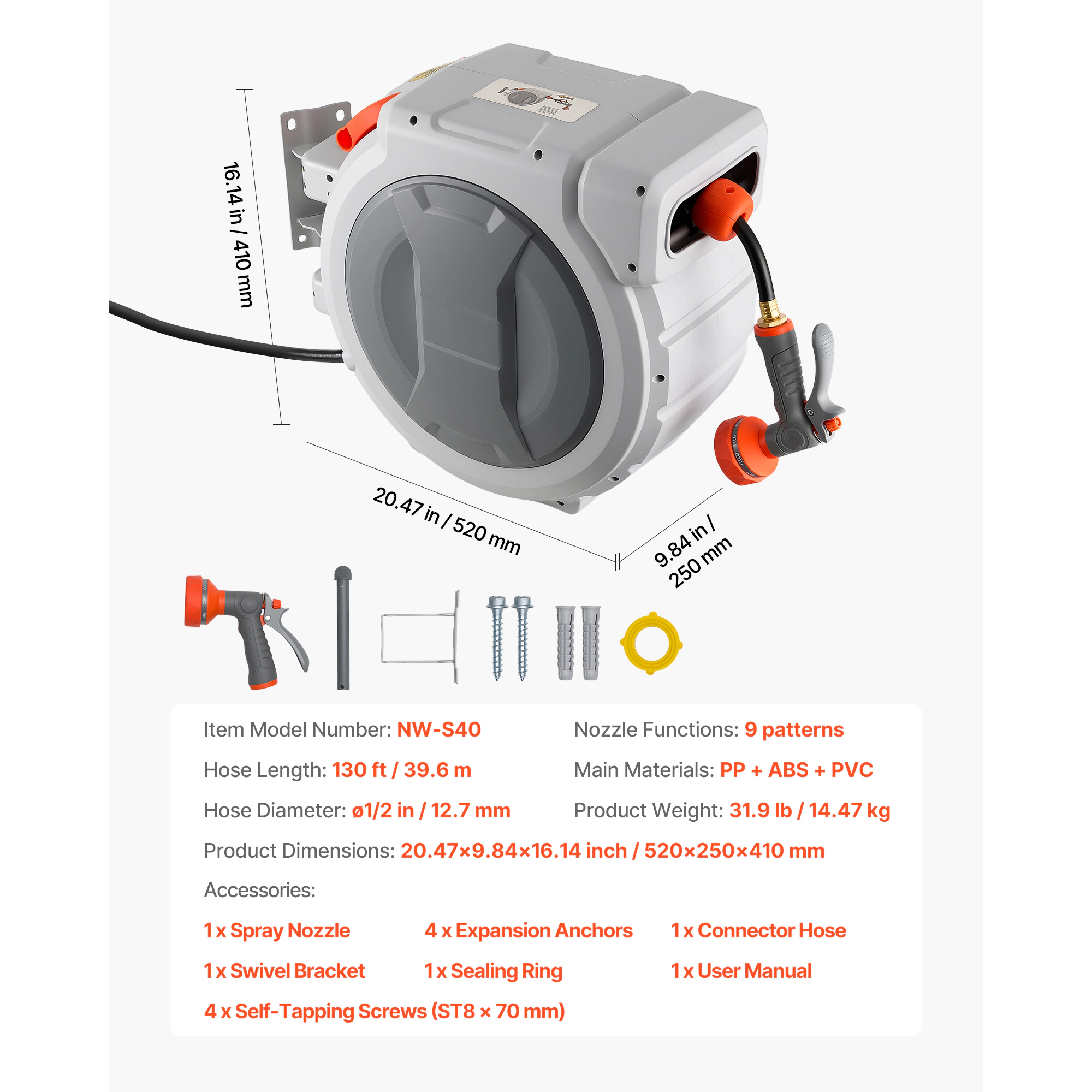 HONGGE Retractable Garden Hose Reel 1/2 in Wall Mounted Hose Reel with 9-Function Sprayer Nozzle and 180° Swivel