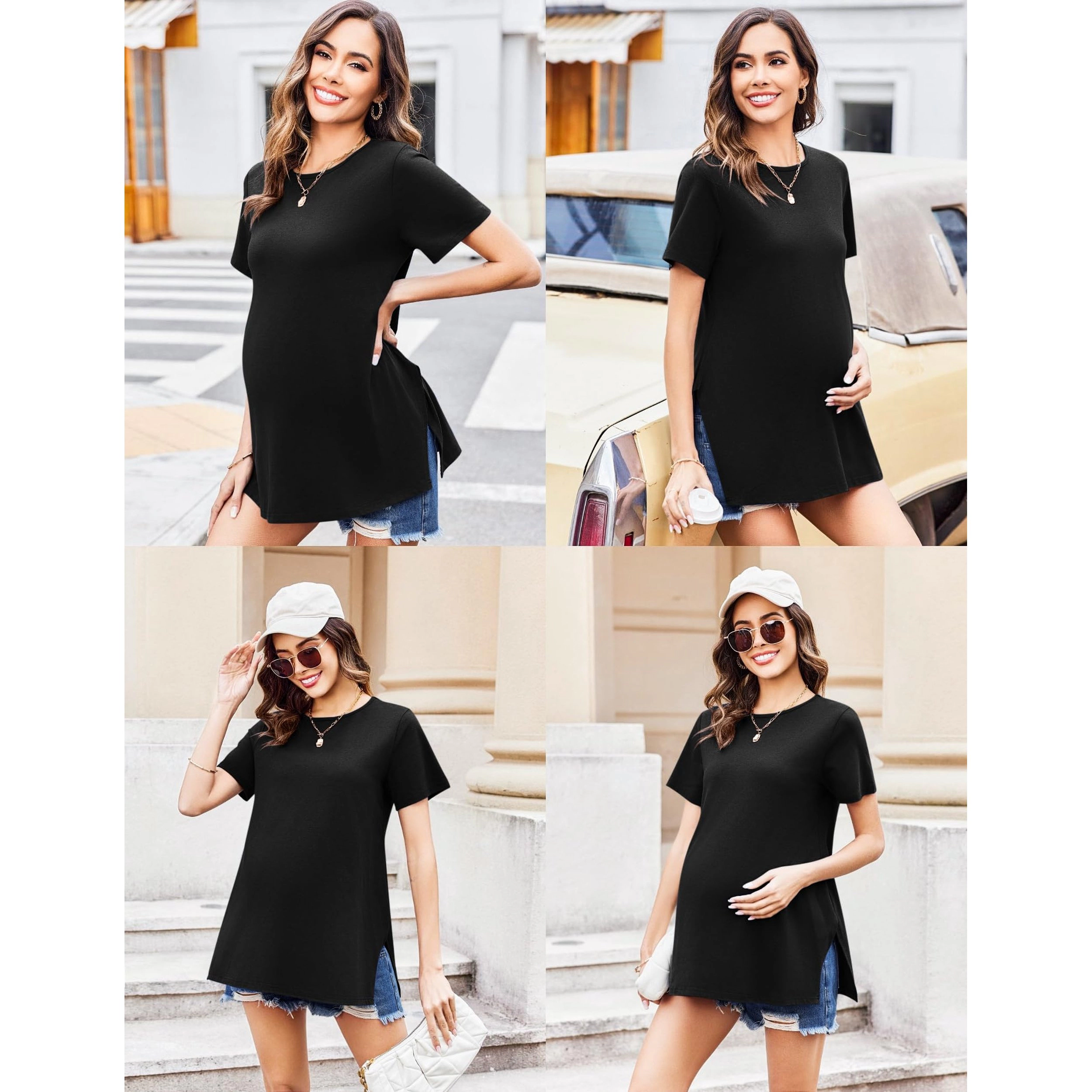 Ekouaer Maternity Shirts Short Sleeve Pregnancy Tops Split Side T Casual Crewneck Pregnant