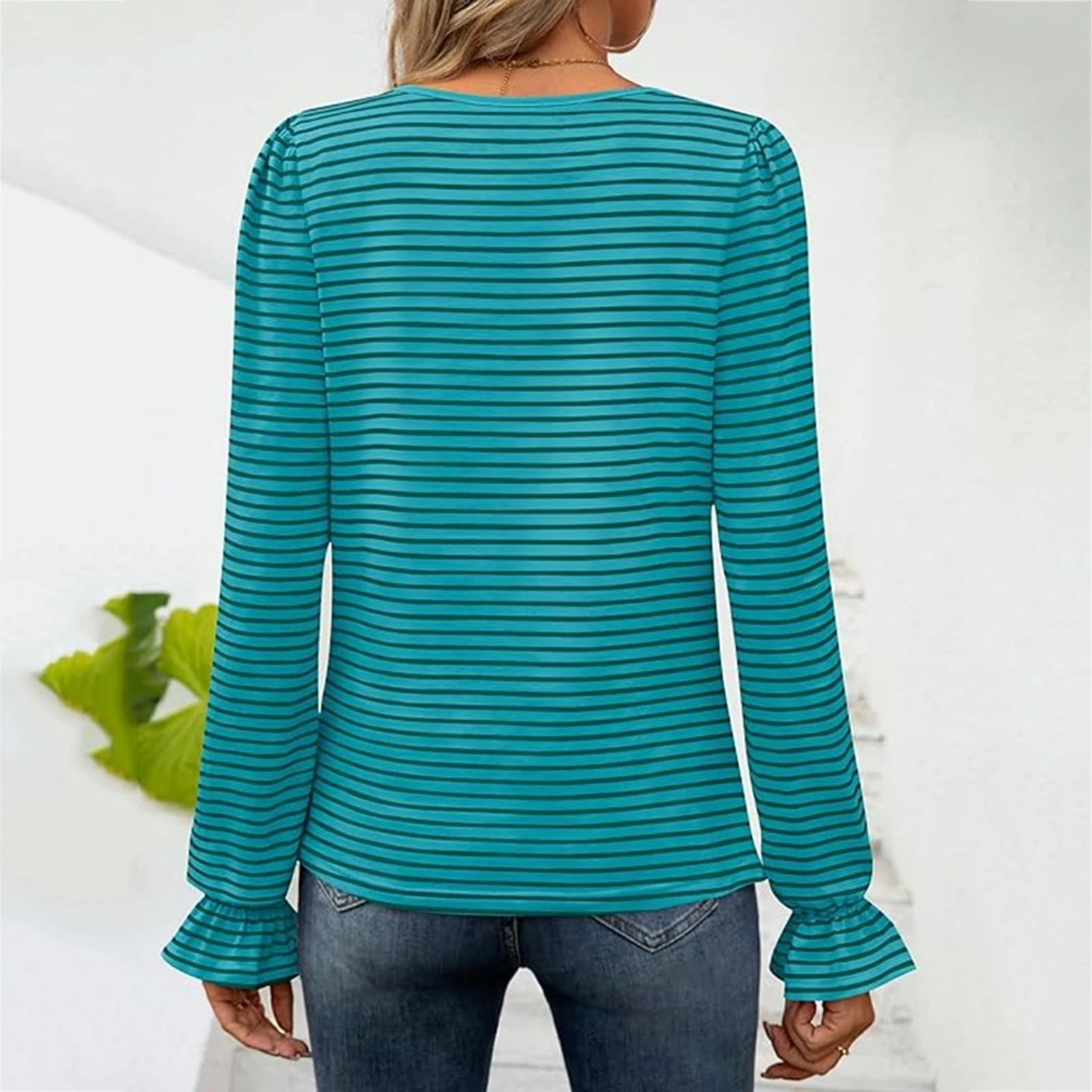 YesFashion Womens Striped Square Neck T Shirts Casual Stretchy Ruffle Long Sleeve Pullover Tops