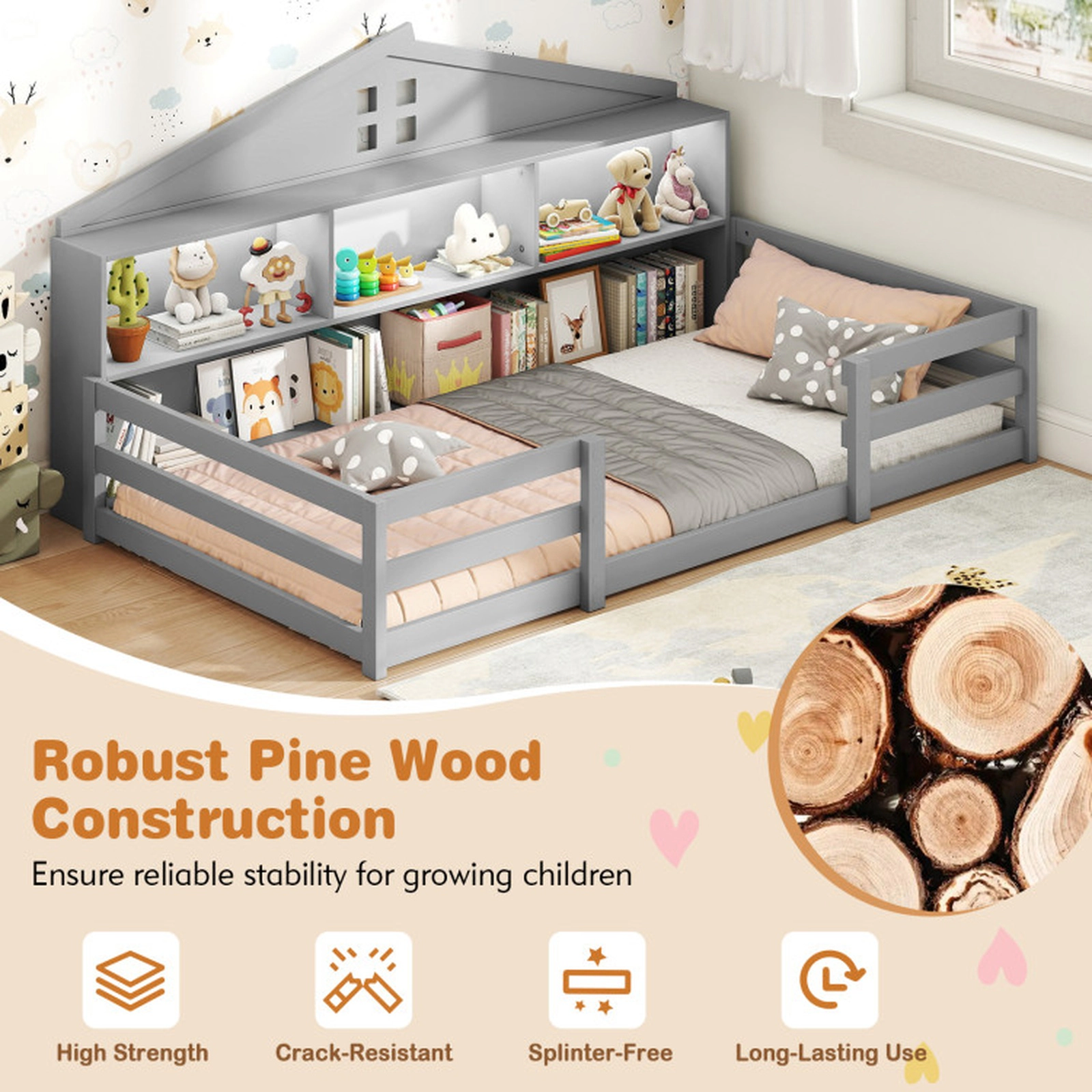SUGIFT 2-in-1 Montessori Twin Floor Bed with Storage Compartments 50-lb Compartment Capacity Gray White Natural