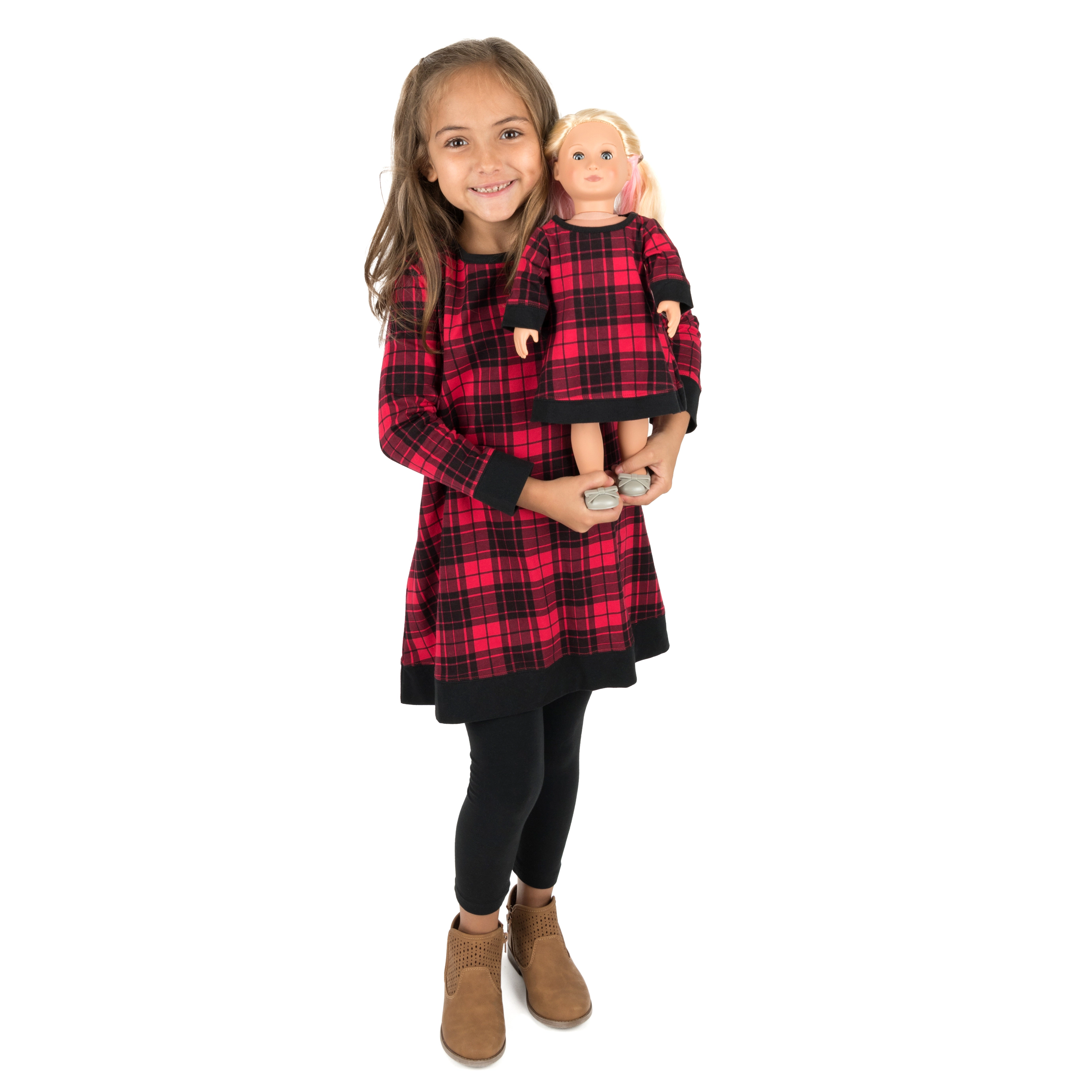 Leveret Girl & Matching Doll Set - Cotton Buffalo Plaid Dress