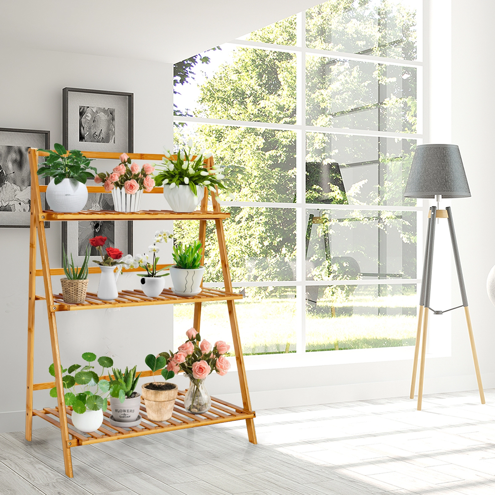 Slickblue 3 Tier Wooden Style Ladder Plant Rack Foldable Display Shelf for Indoor Outdoor Use