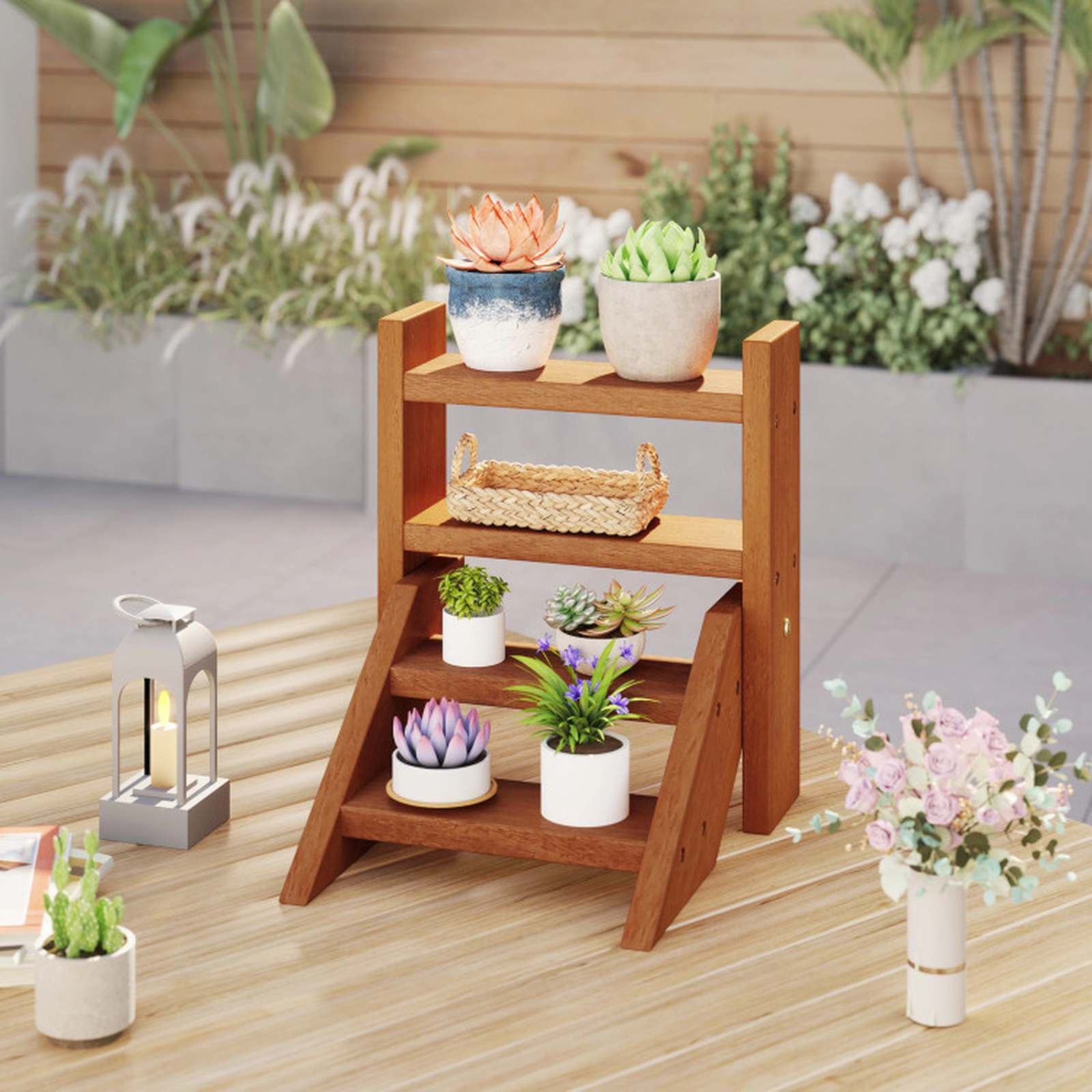 SUGIFT 4-Tier Solid Wood Plant Stand for Flowerpots and Succulents 44-lb Total Capacity 11-lb Per Tier Natural