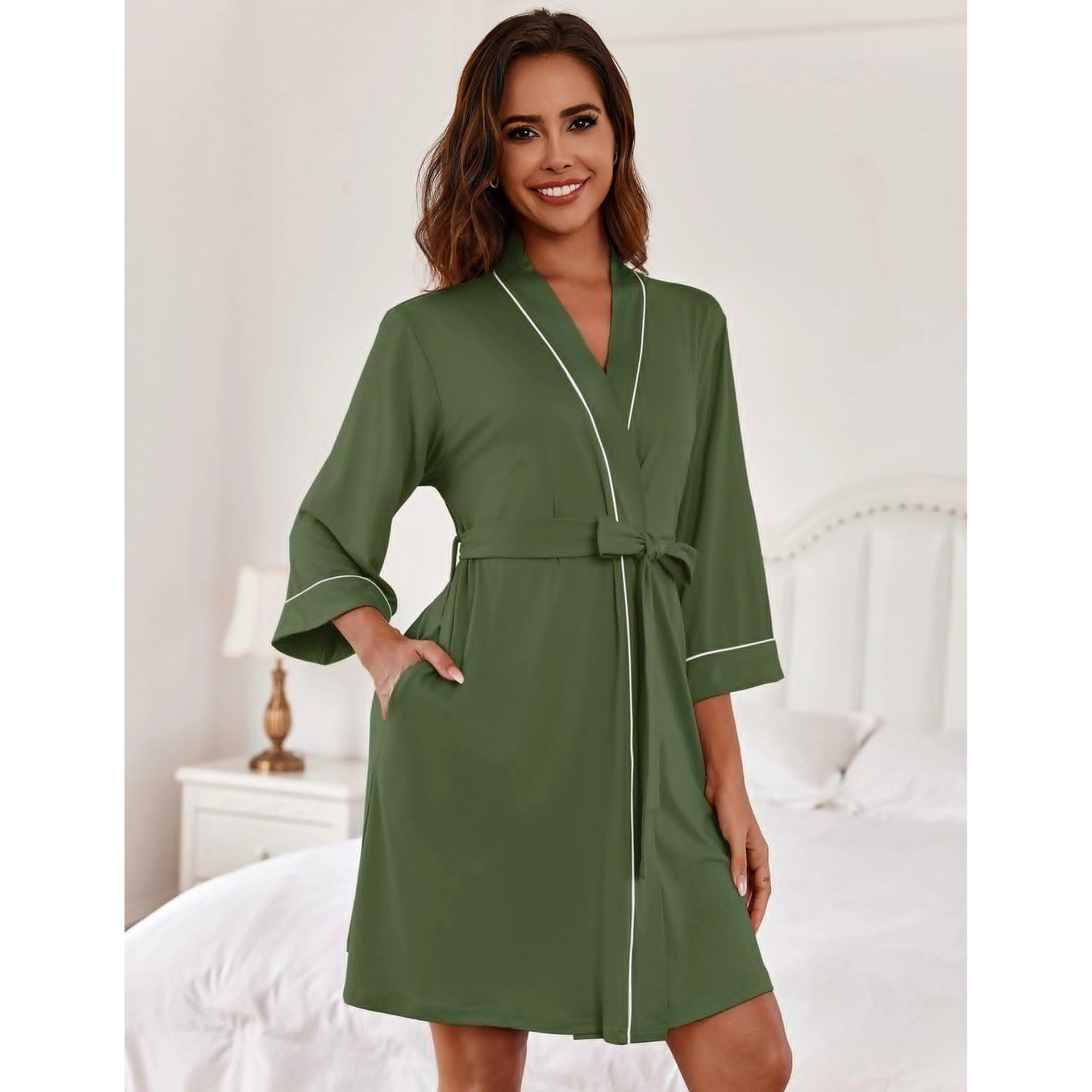 Ekouaer Women's V Neck 3/4 Sleeve Kimono Robe Tie Waist Sleepwear