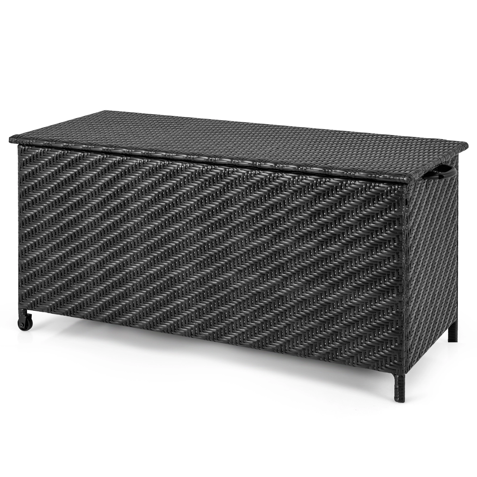 SUGIFT 85 Gallon PE Rattan Outdoor Storage Box with Liner and Wheels 66-lb Top 88-lb Bottom Capacity Brown/Black