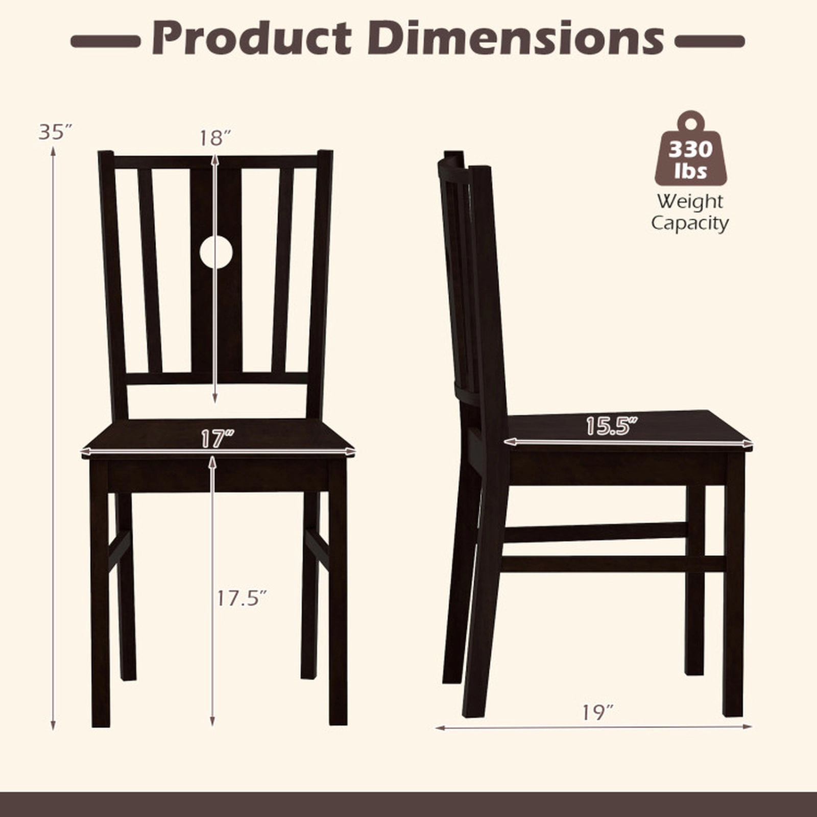 SUGIFT Set of 2 Solid Rubber Wood Kitchen Dining Chairs with Slatted Curved Backrest 330-lb Capacity Coffee