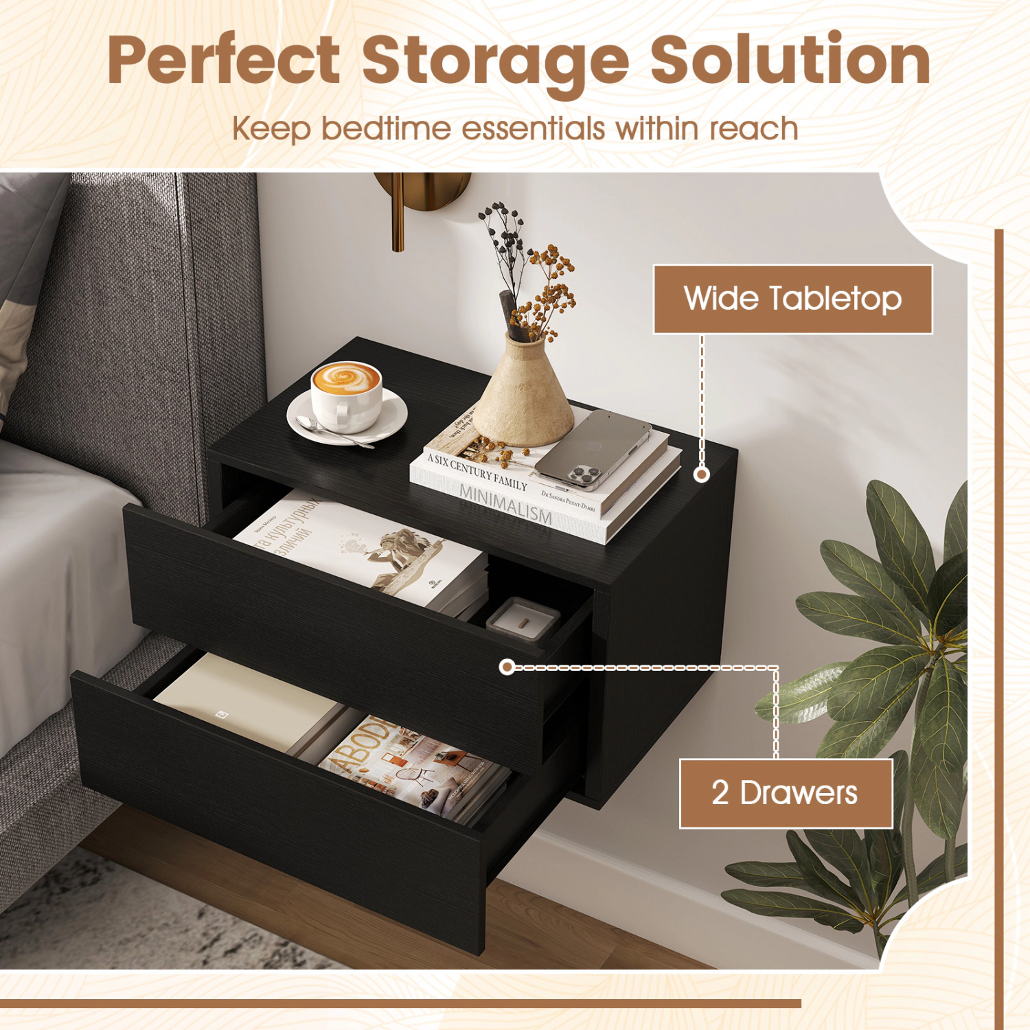 Glintex Floating Wall-Mounted Nightstand with 2 Drawers and Wall Kits