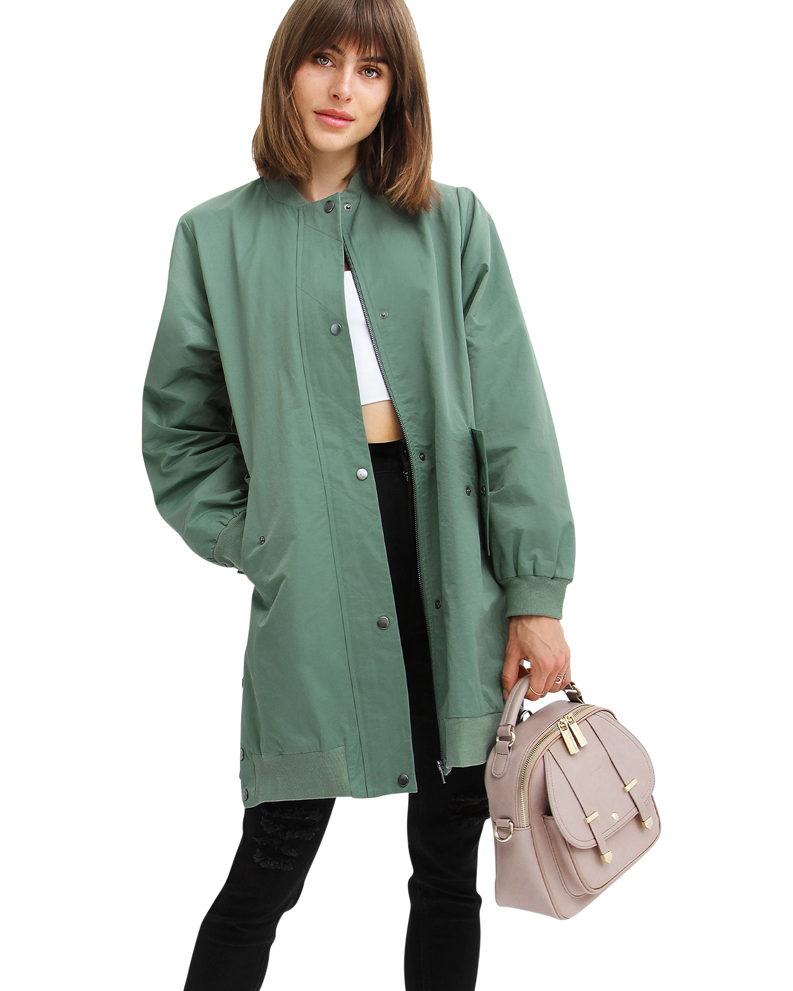 Belle & Bloom Womens Chasing You Long Bomber Jacket