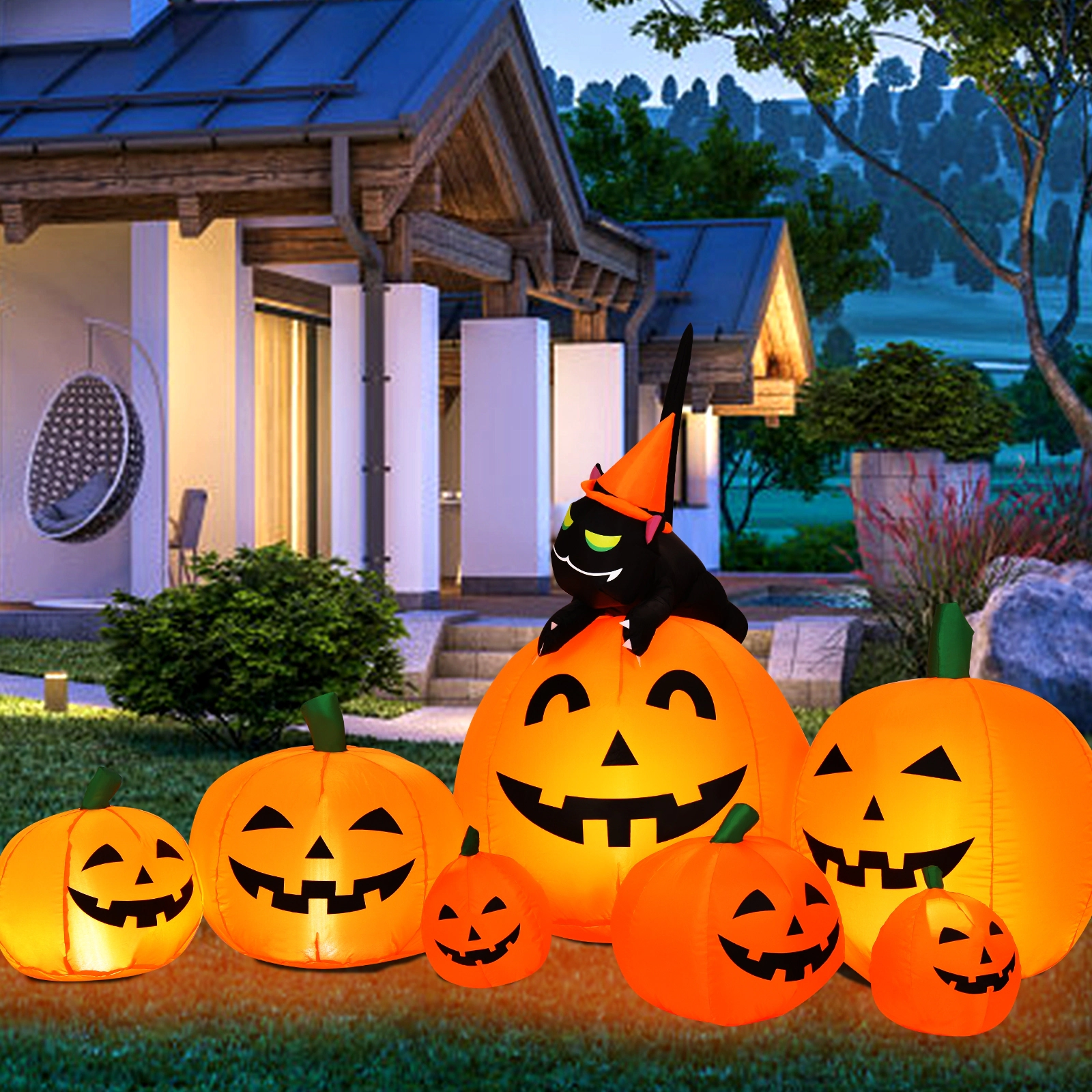 LJG Halloween 7.5 Feet Inflatable Pumpkin Combo with Witch Black Cat