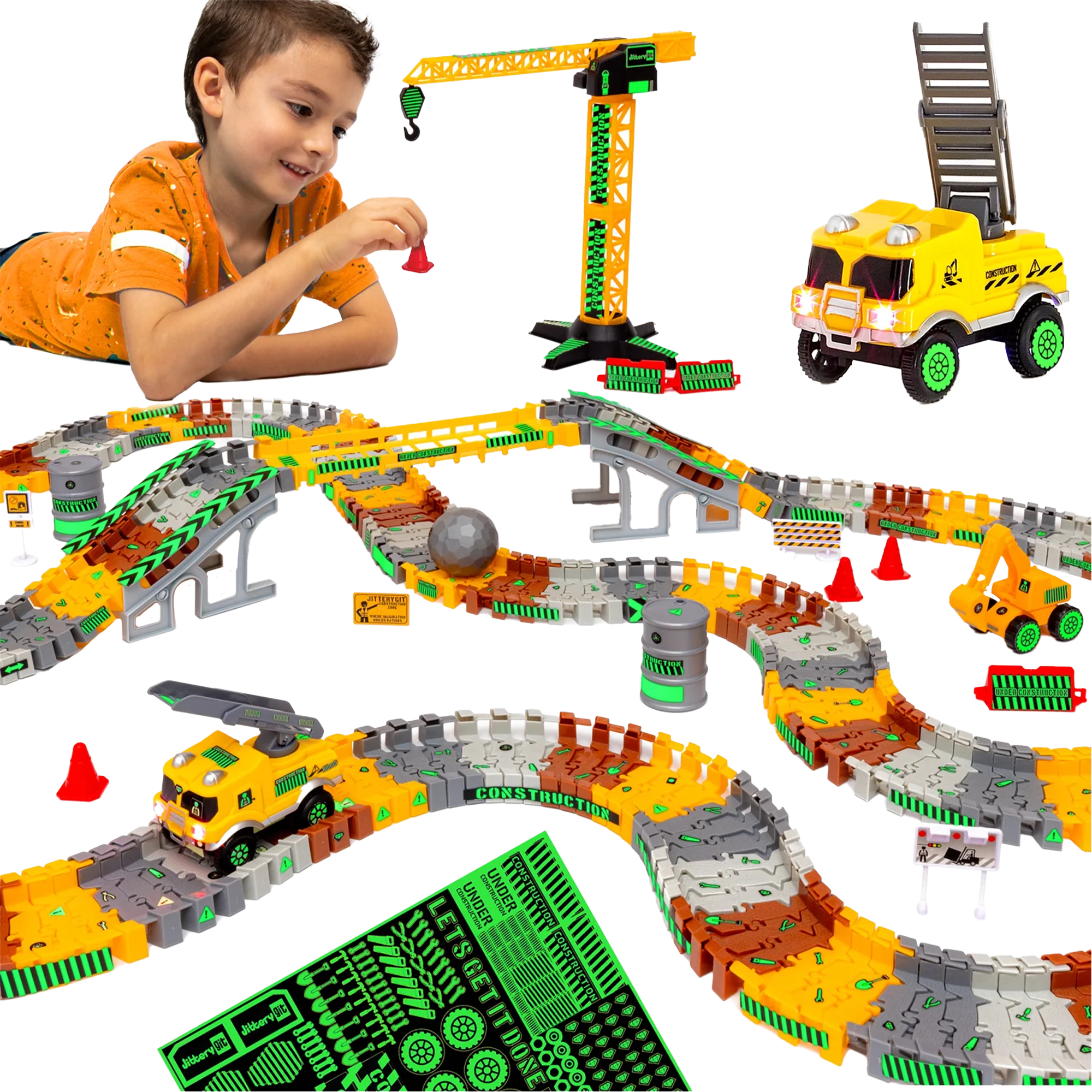 JitteryGit Kids Construktor Glow-in-the-Dark Track Set - 194-Piece STEM Building Toy