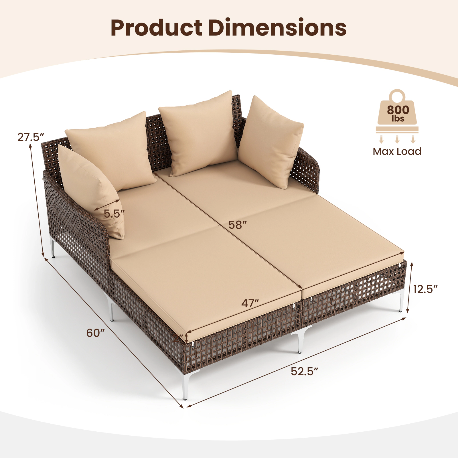 SUGIFT Outdoor Rattan Double Daybed for 2, Brown, with Cushions and Metal Frame