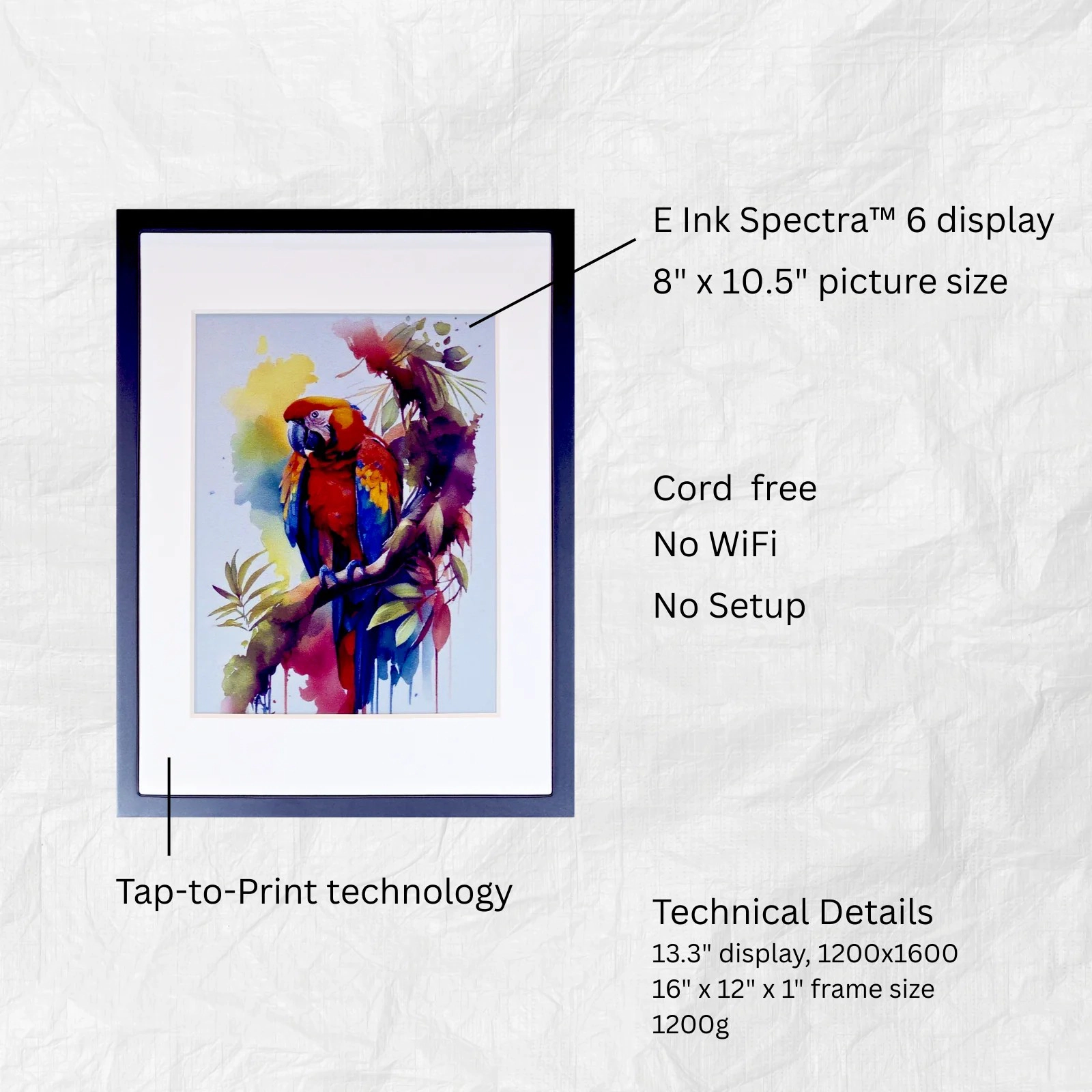 Reflection 13.3" Cordless E-Ink Wall Art Wood Photo Frame