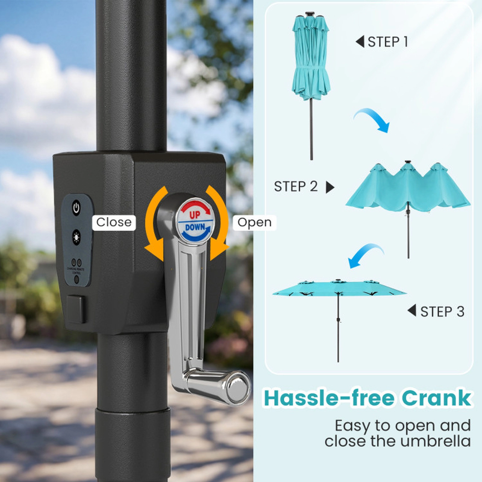 SUGIFT Color-Changing Solar LED Double-Sided Patio Umbrella 13 x 7-in Canopy Turquoise