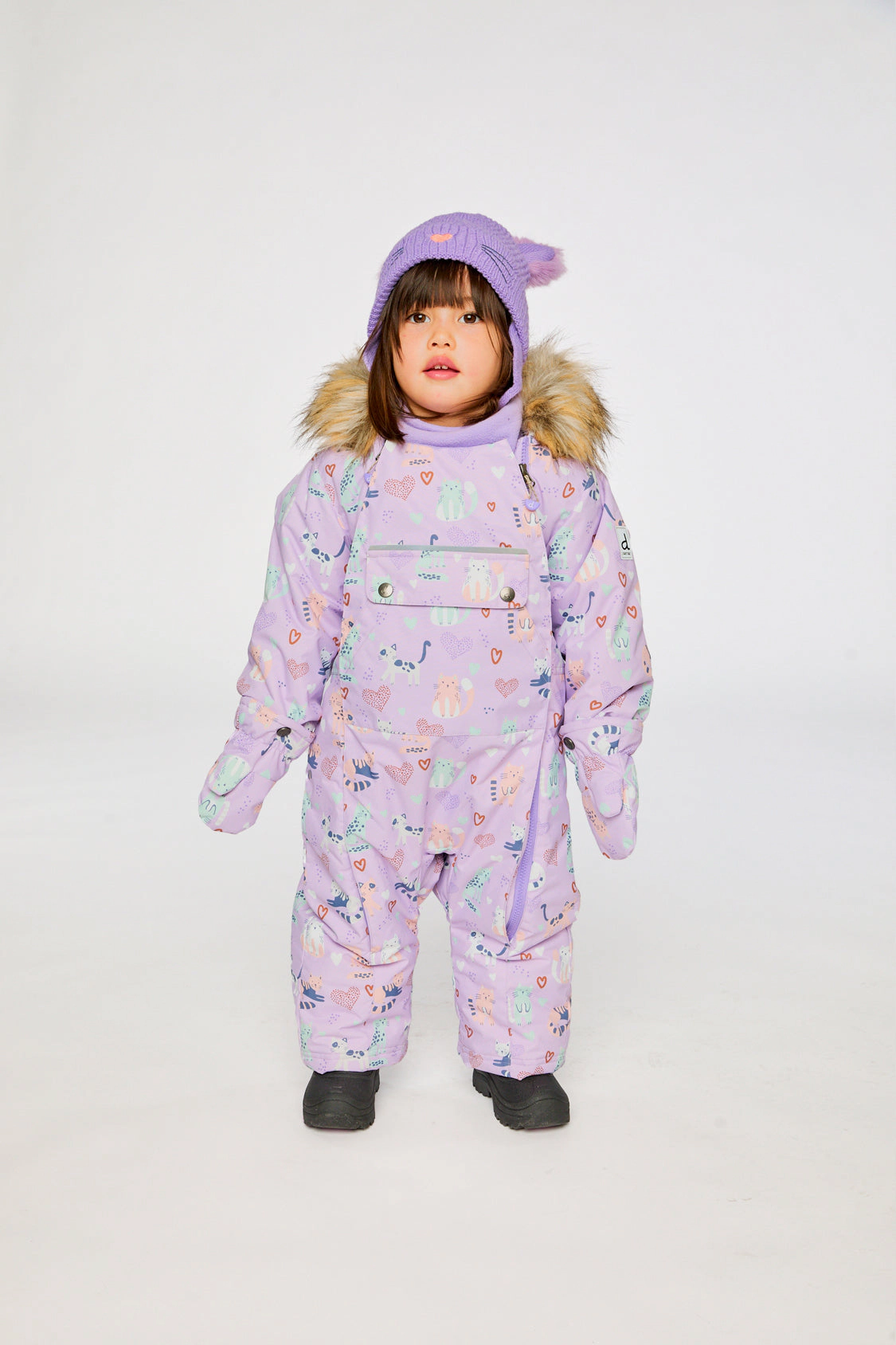 Deux par Girls Cat Print One Piece Snowsuit Adapted for Car Seats with Detachable Hood
