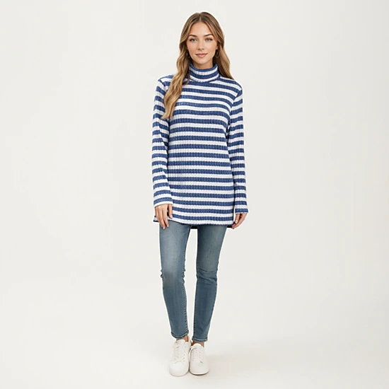 Anna-Kaci Women's Striped Ribbed Turtleneck Tunic Length Relaxed Fit Long Sleeve Pullover Top